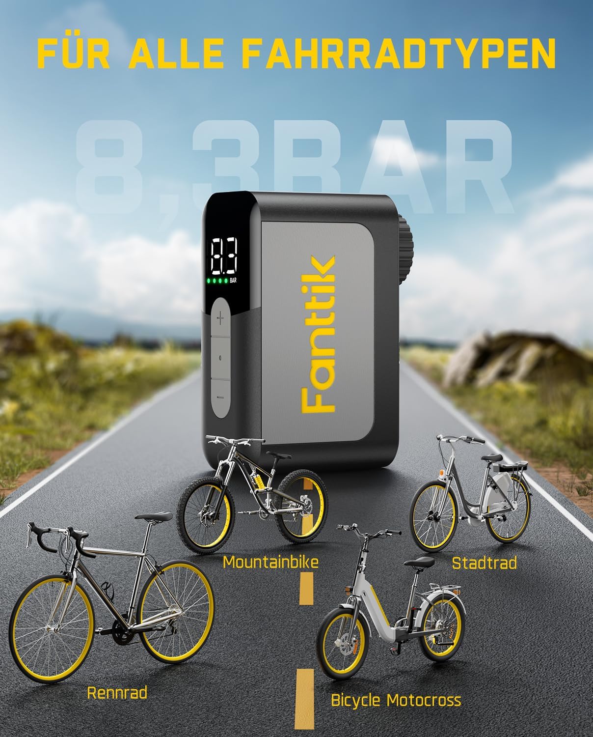 Thumbnail 6 de Fanttik X10 Ace Mini Akku-Fahrradpumpe mit Manometer, bis 8,3 Bar – für Presta & Schrader