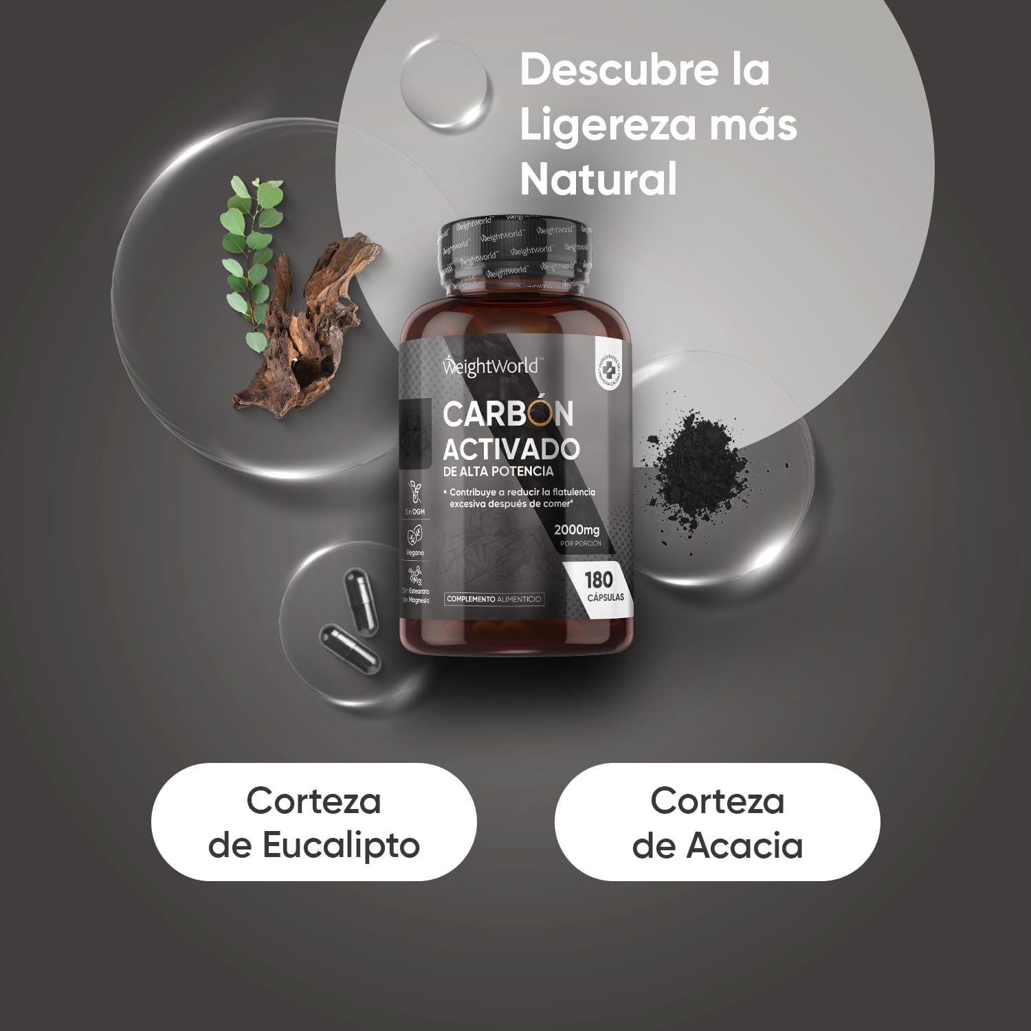 Detalle 2 de Carbón Activado 2000mg Vegano 🌿 - 180 Cápsulas para Gases