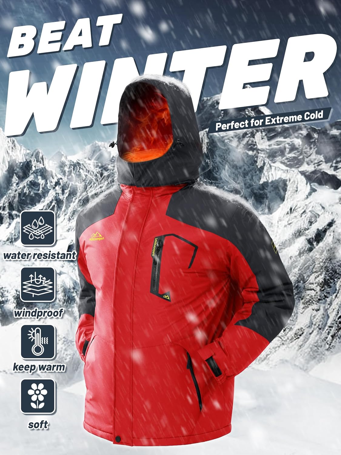 Detalle de TACVASEN Men’s Winter Skiing Jacket with Detachable Hood and Fleece Lining
