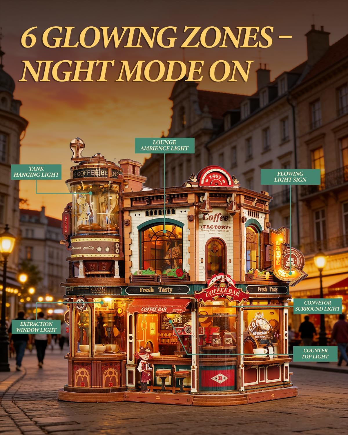 Detalle 2 de ROKR Dream Coffee Factory: 3D Wooden Model Kit with Music Box for Adults