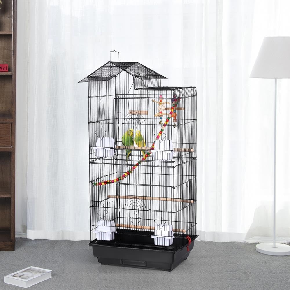 Detalle 2 de Yaheetech Vogelkäfig mit Vogelspielzeugen – 99x46x35,5 cm, Schwarz (Wellensittich/Nymphensittich)