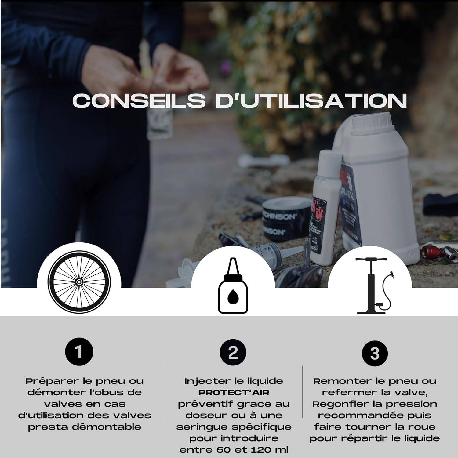 Detalle de Protect'Air Max de Hutchinson: líquido antipinchazos y autorreparador para tubeless MTB y carretera