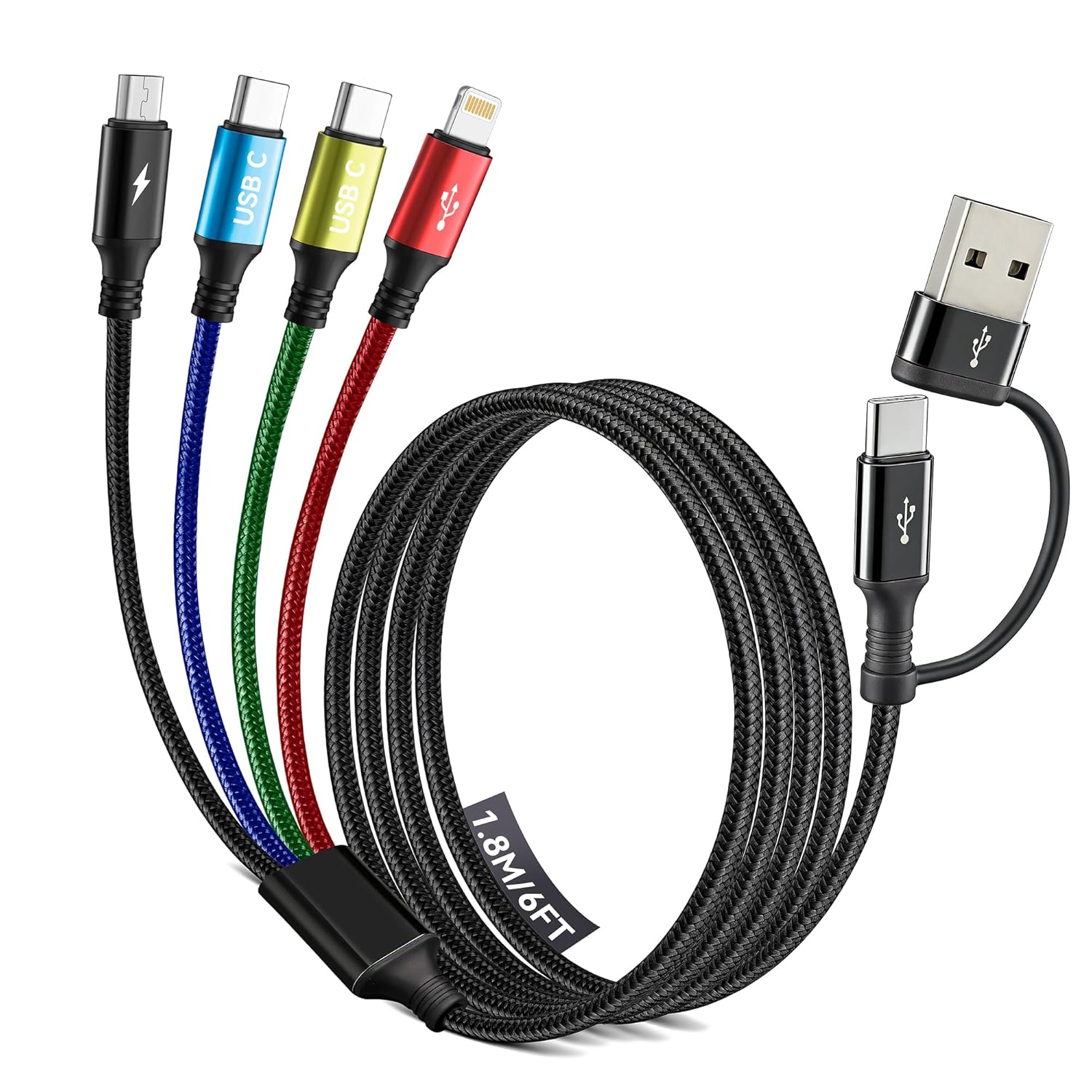 Detalle de Minlu Dual USB-C Multi Charger Cable: 4-in-1 USB-C/A charging cable with 2 Type-C ports, Lightning and Micro USB