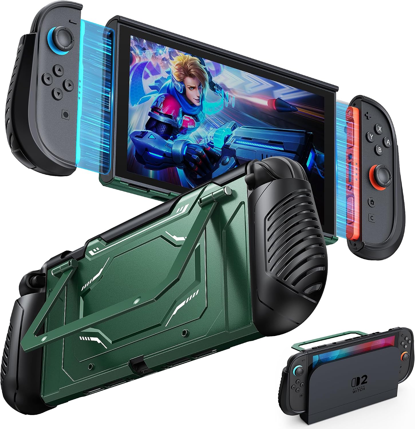 Detalle de FYOUNG Dockable Switch 2 Case with Adjustable Kickstand, Shockproof Hard Shell (Green)
