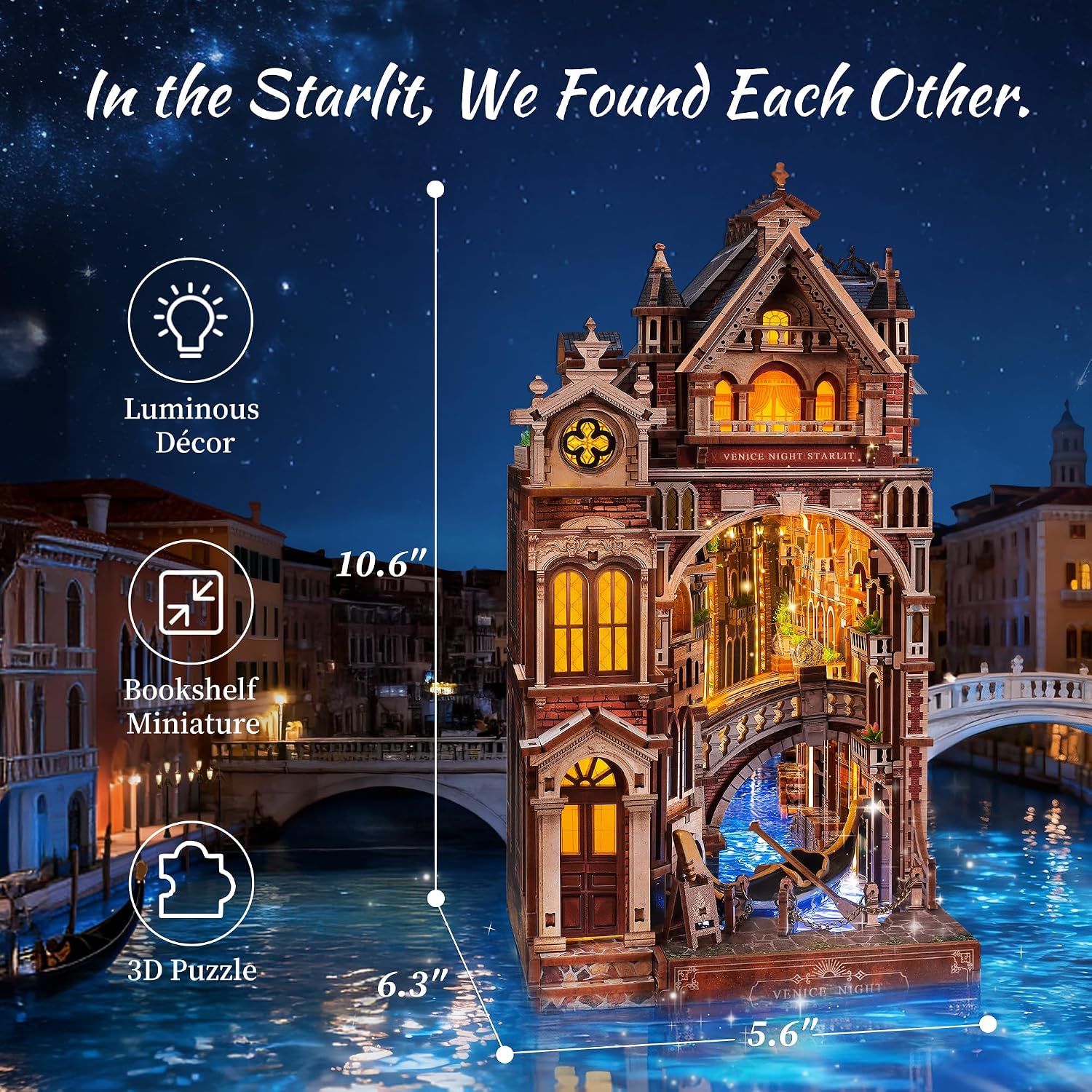 Detalle de FUNPOLA Venice Night Starlit Book Nook Kit with Infinity Mirror — LED 3D Wood Puzzle DIY Décor
