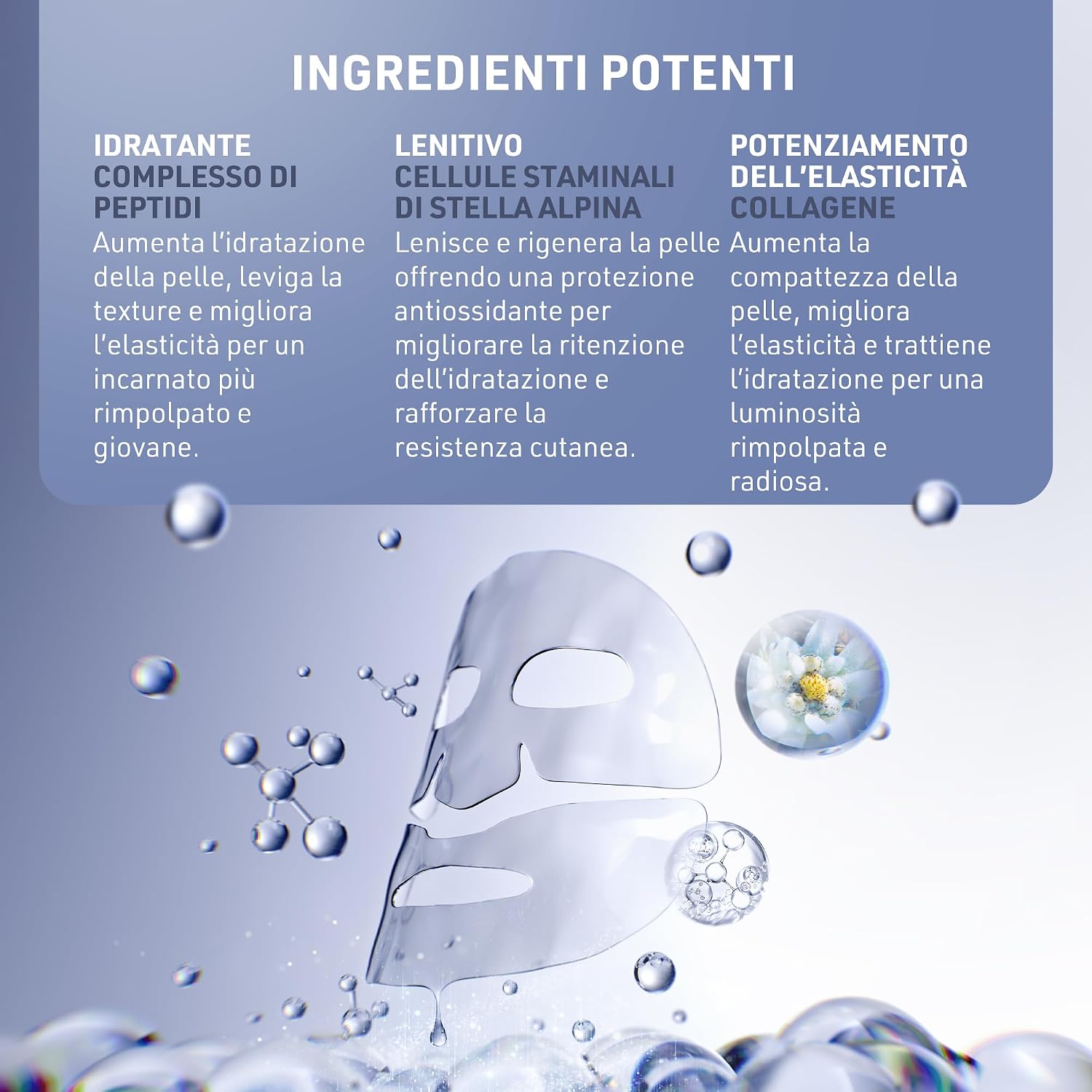 Detalle de FAQ Glass Skin Collagen Mask – Maschera viso con collagene, acido ialuronico puro e idrogel illuminante (5 pezzi)