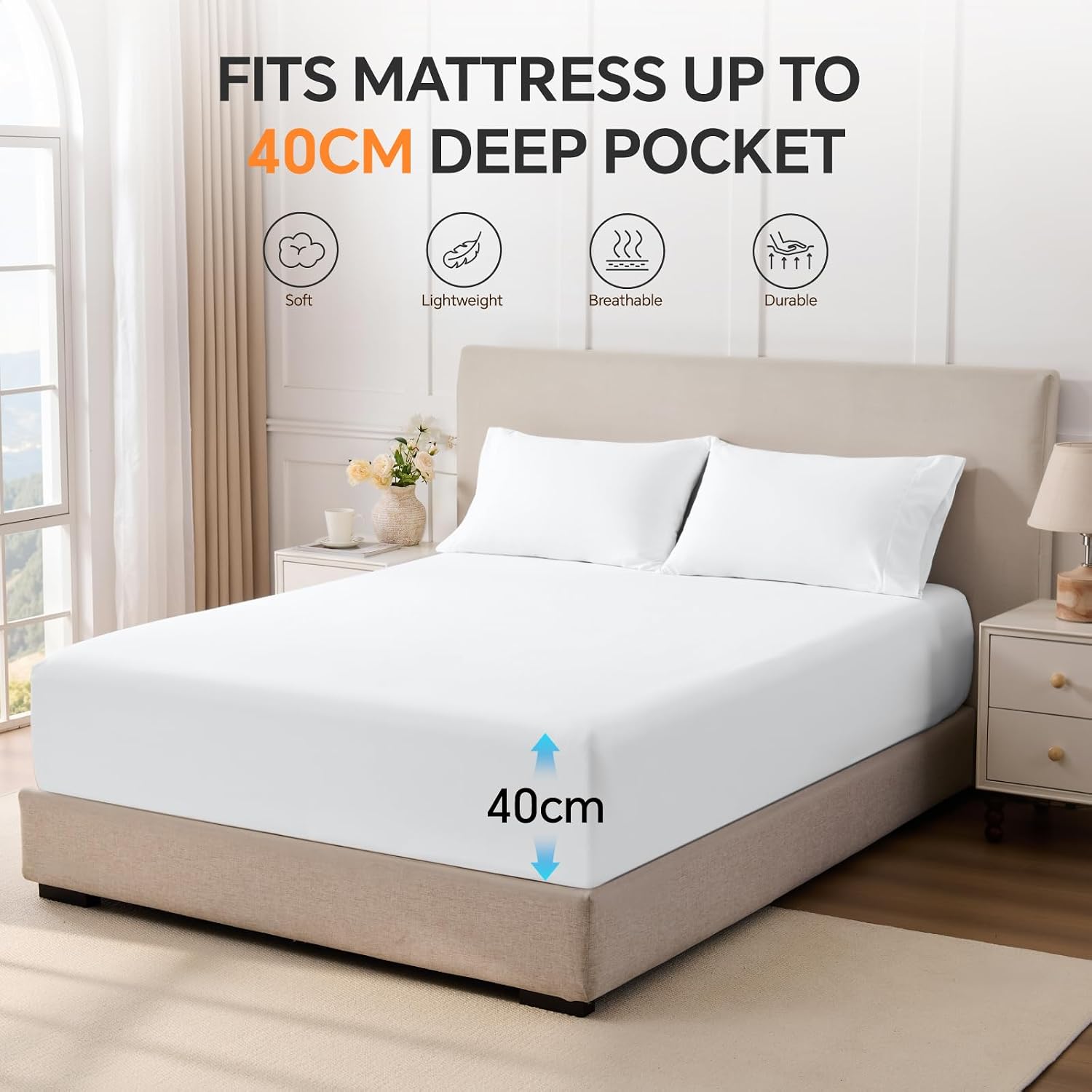 Detalle de BEDELITE King Fitted Sheet in White (150x200cm) with Extra Deep Pocket