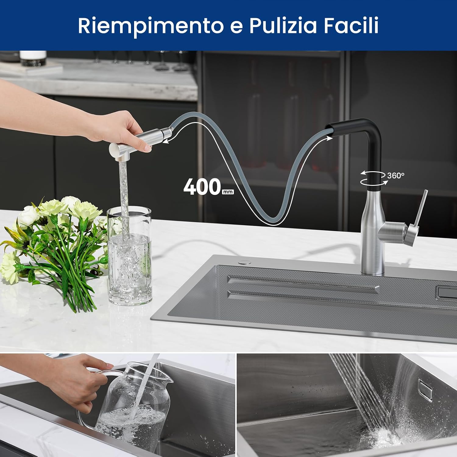 Detalle de CECIPA Rubinetto Cucina Estraibile da 40 cm in acciaio inox nero spazzolato con doccetta 360°