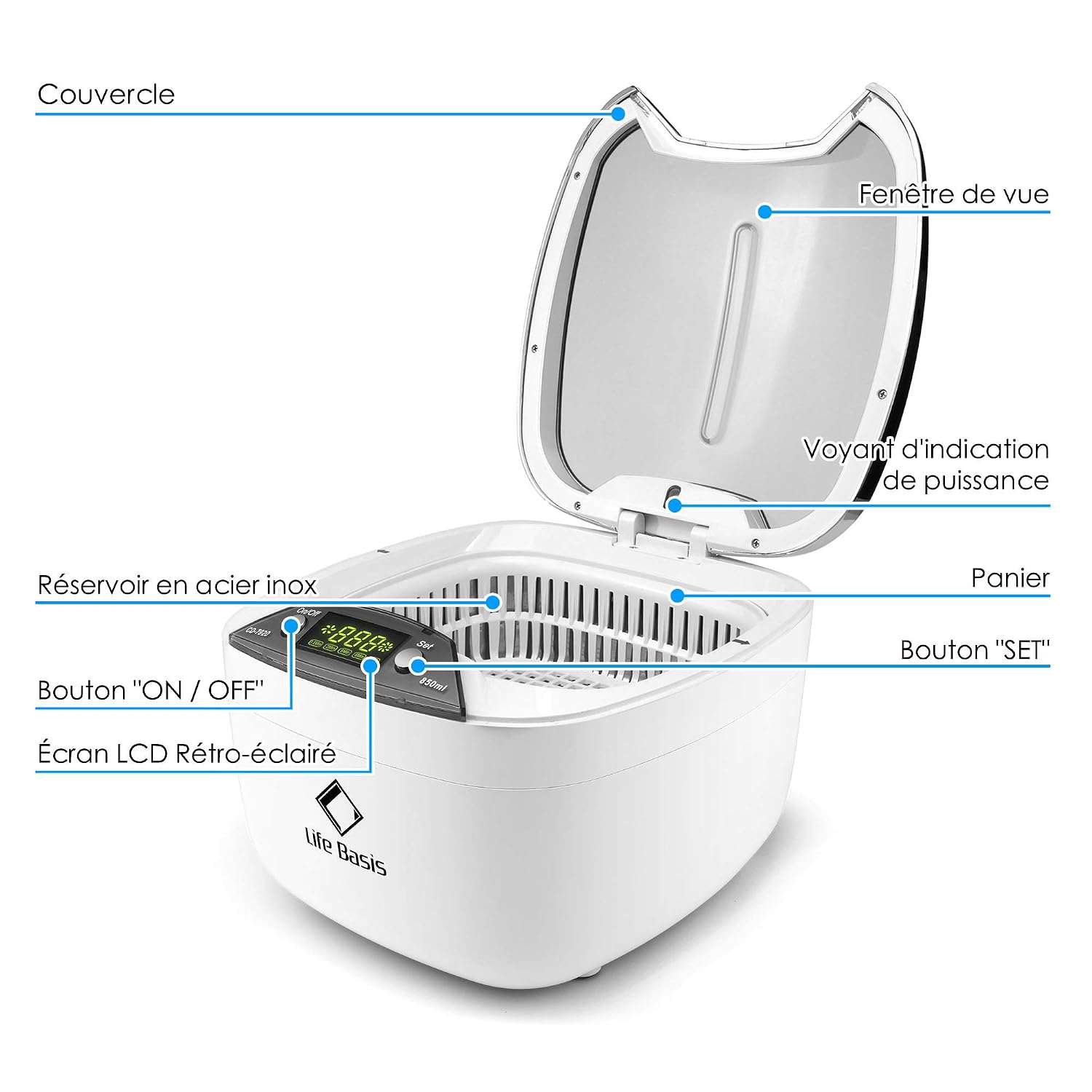 Detalle de LifeBasis Nettoyeur à ultrasons numérique 850 ml (42 kHz) cuve en acier inoxydable