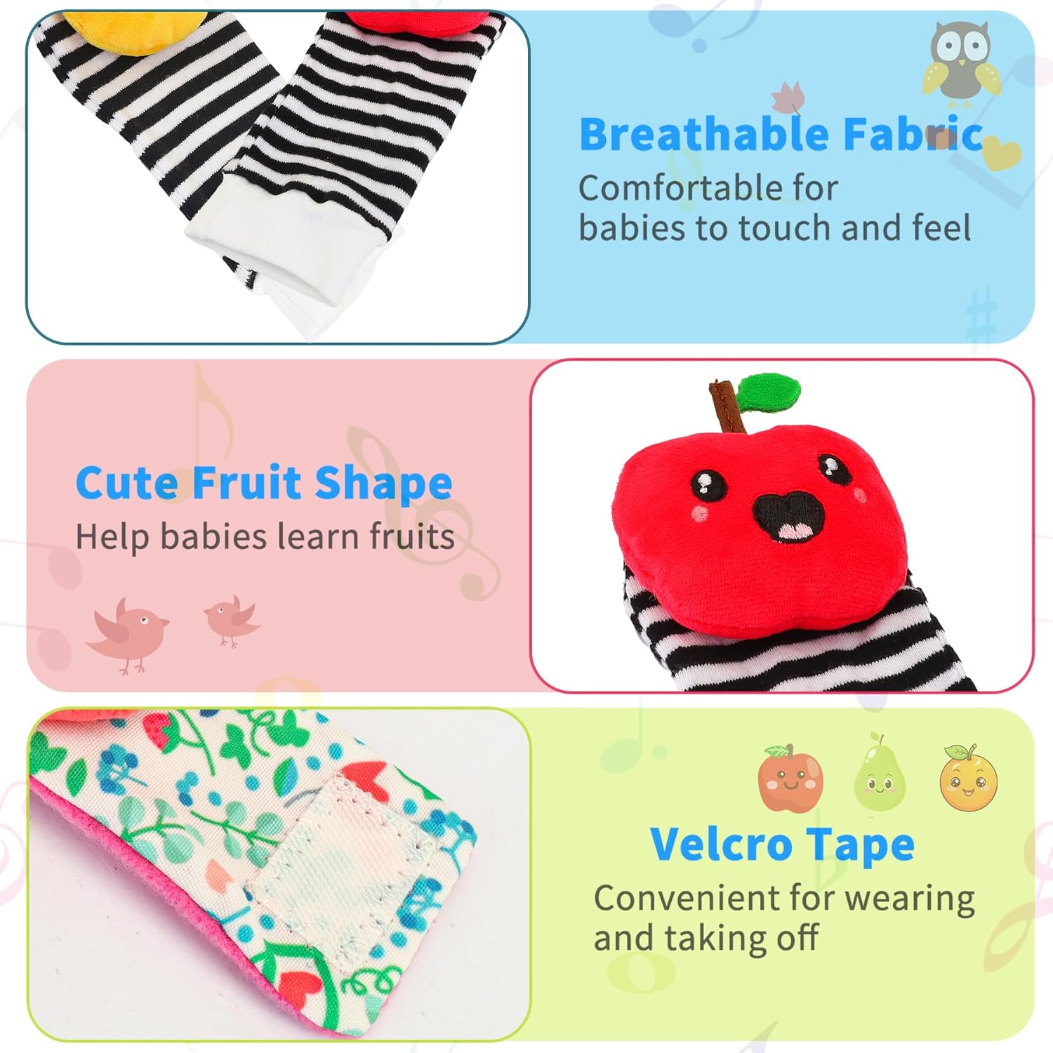 Thumbnail 1 de Foot Finders & Wrist Rattles for Infants (0–6 Months) – Fruit-themed soft rattle sock set