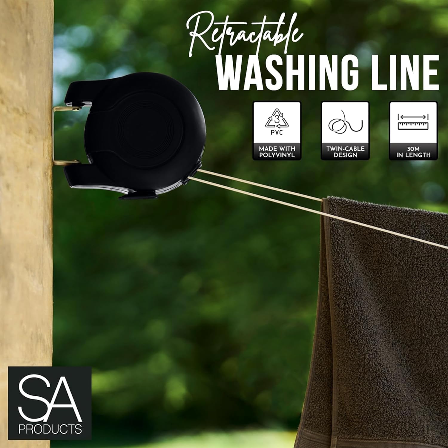 Thumbnail 3 de SA Products Wall Mounted Twin Cable Retractable Washing Line (2x15m, 30m extendable) – All Black
