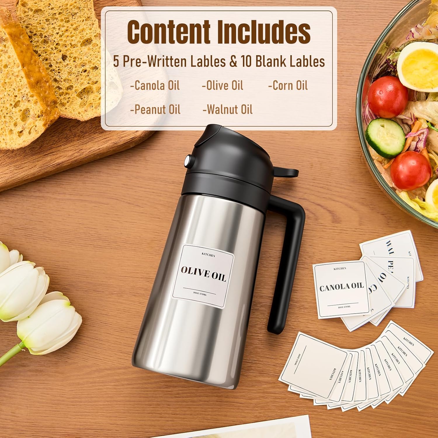 Detalle de PARACITY 2-in-1 Oil Dispenser Bottle: Stainless Steel Shell, Ceramic Interior, Olive Oil Sprayer & Pourer (Black)