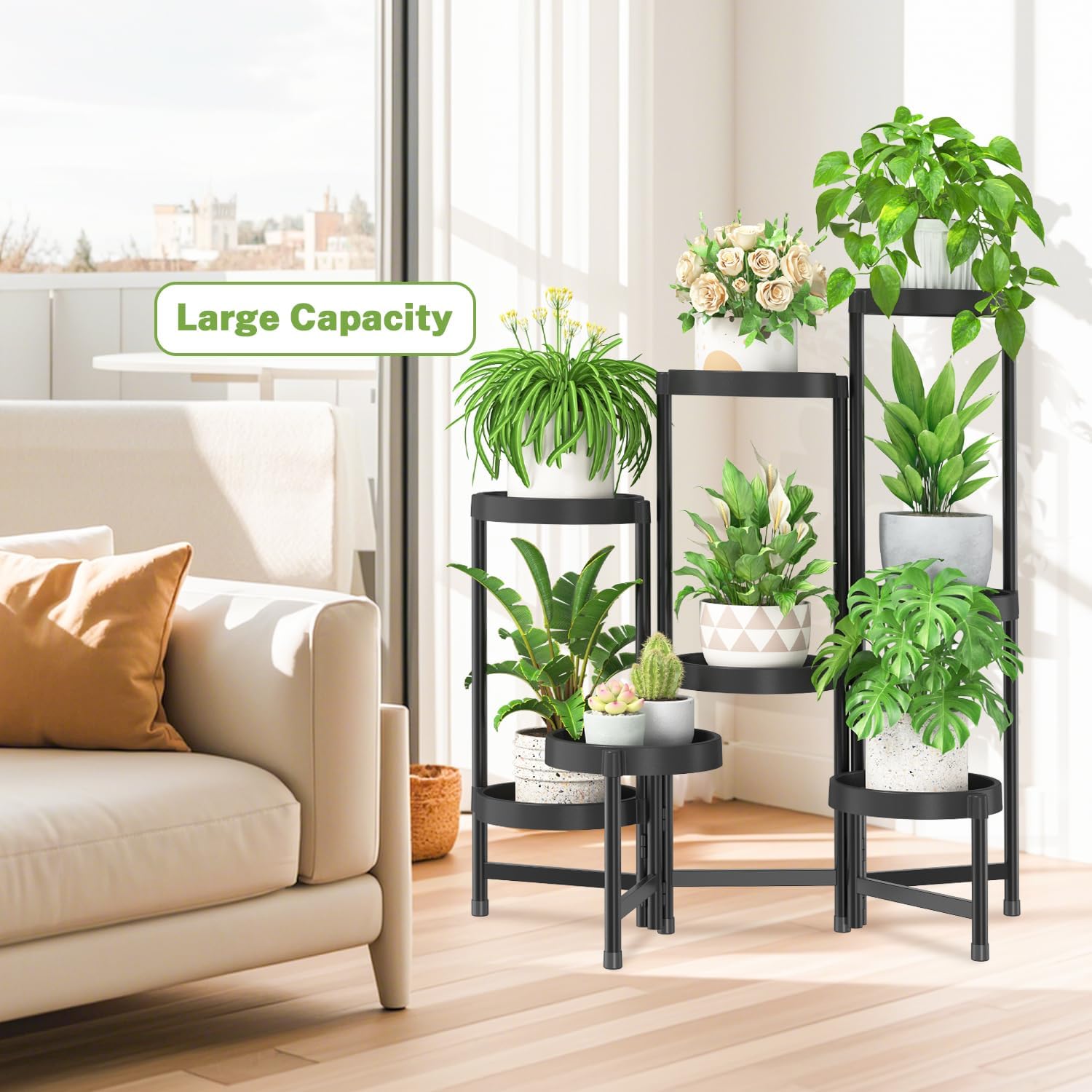 Thumbnail 6 de iDavosic.ly 8-Tier Folding Plant Stand, Black Metal Rack with Plastic Trays