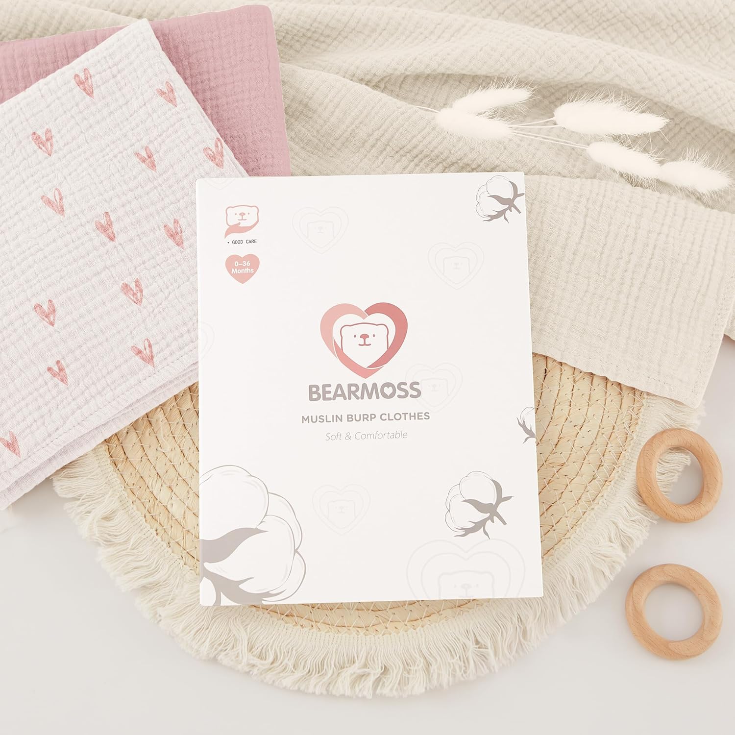 Thumbnail 6 de Bearmoss Musselin-Spucktücher für Babys aus 100% Baumwolle, 3er-Set 60 x 60 cm (Rosa Herz)