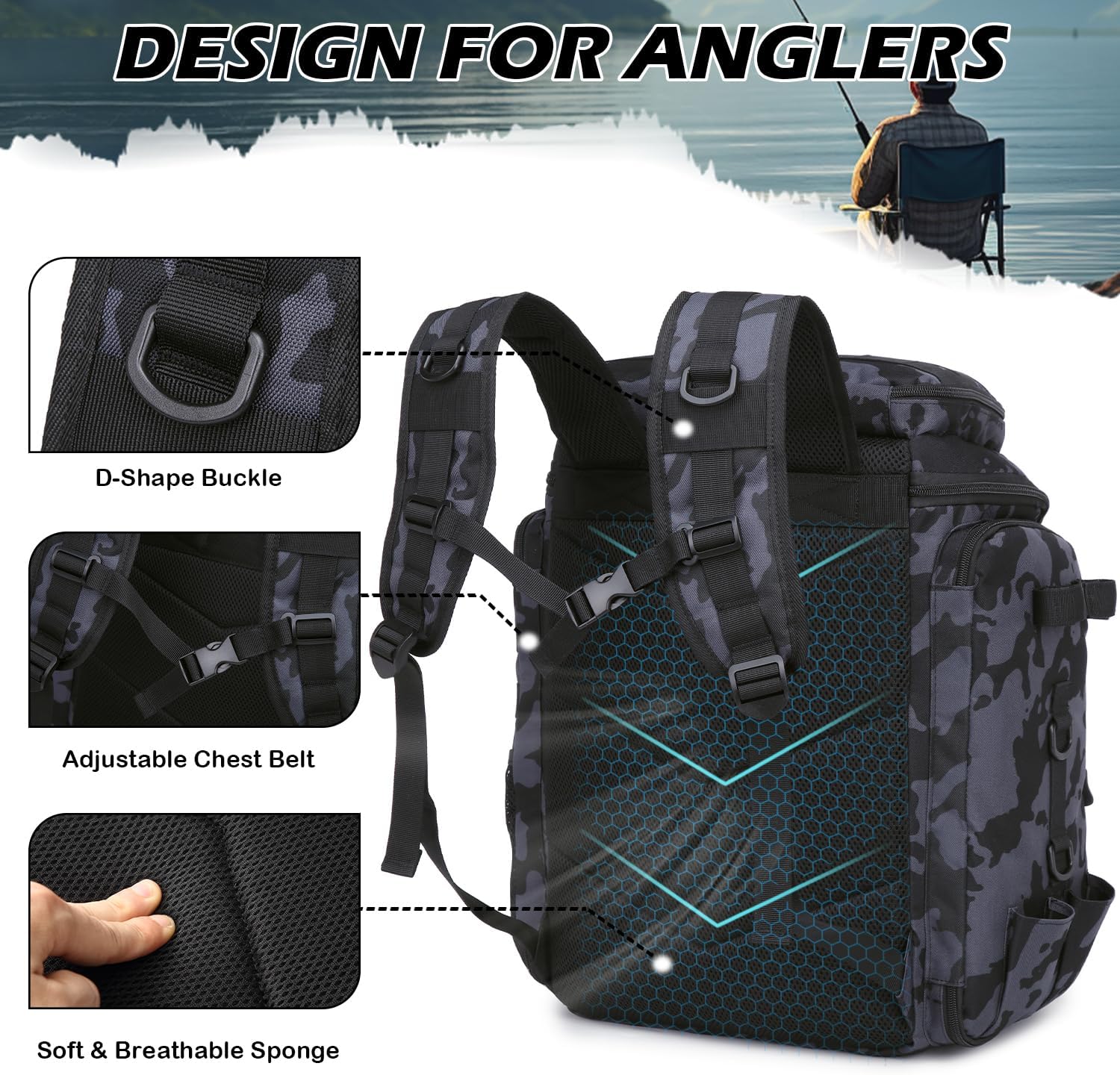 Detalle de BlesMaller Angelrucksack mit Rutenhaltern & Kühlfach 45L – wasserdicht, vielseitig, für Angeln und Outdoor