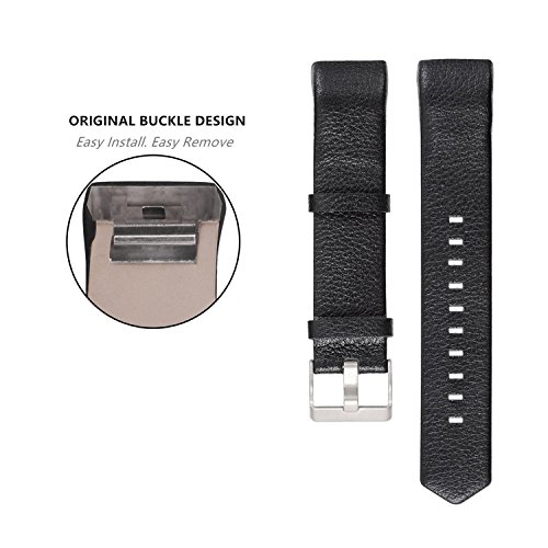 Detalle de Longzhuo Ersatz-Armband für Fitbit Charge 2 – echtes Leder, Schwarz