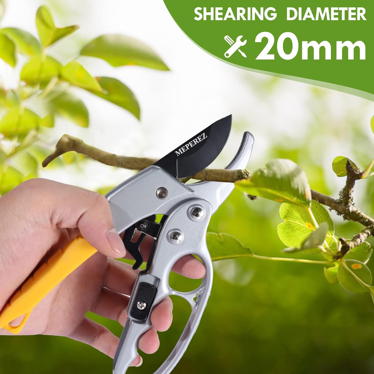 Detalle de MEPEREZ Yellow Pruning Shears, Ratcheting Design, 1-Inch Cutting Capacity