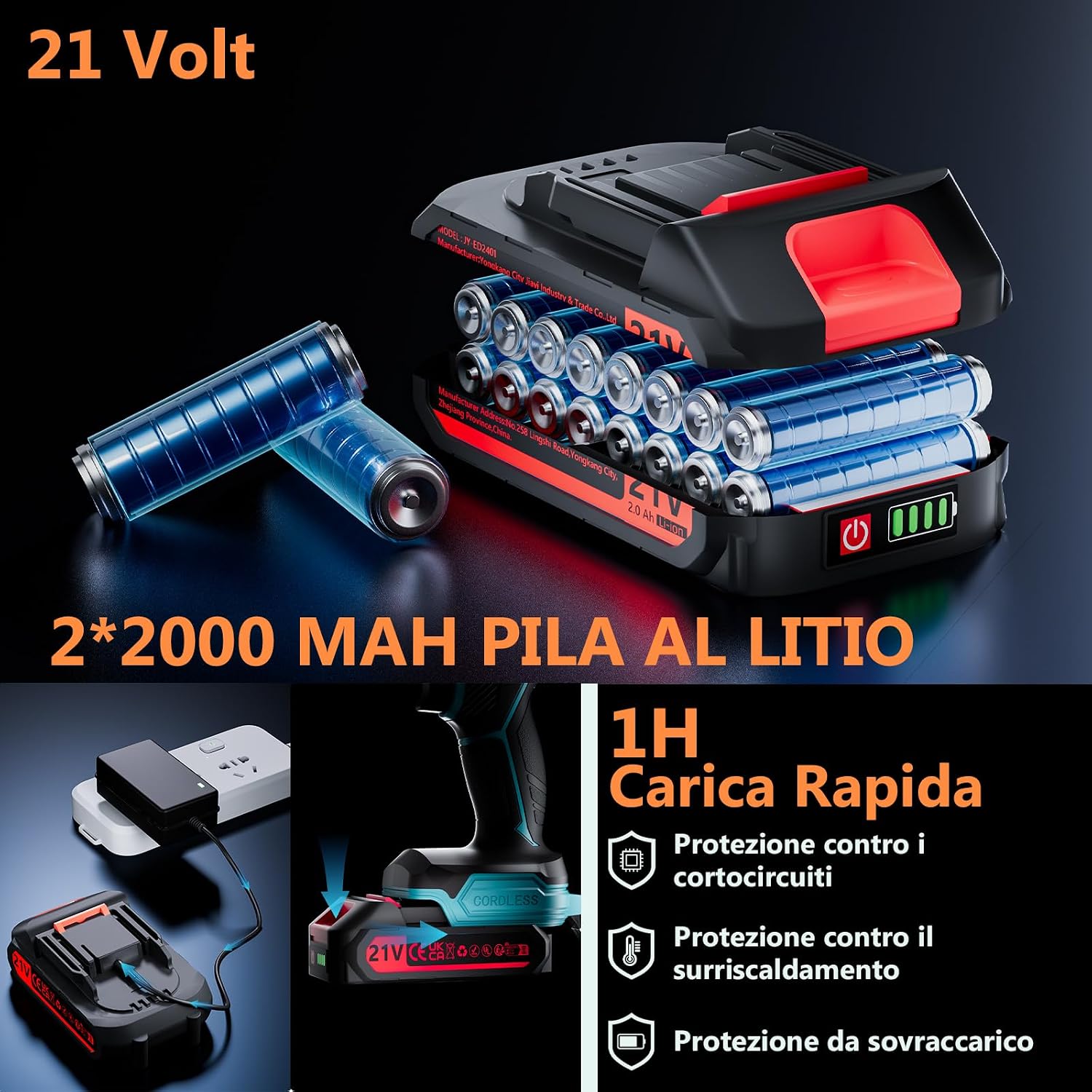 Thumbnail 3 de Olubfdh Trapano Avvitatore a Batteria 21V con 2x2000mAh – 45 Nm, 25+3 Coppia, LED, 60 Minuti di Carica (Blu)