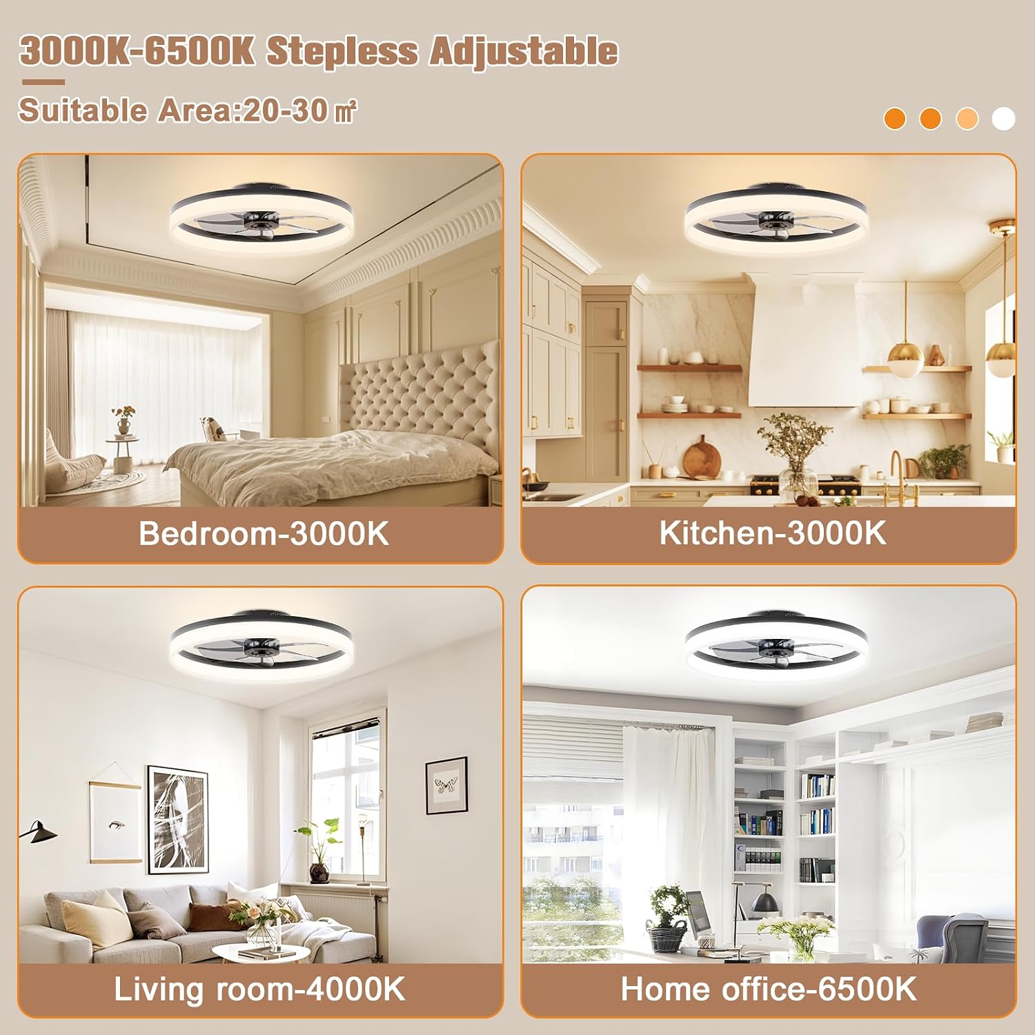 Detalle 2 de VOLISUN 8225C-600 Ceiling Fan with Light, 23.6-Inch Black Flush Mount, Dimmable LED