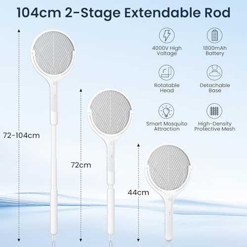 Thumbnail 2 de BKXCHA Raqueta Mosquitos Eléctrica con Pértiga Telescópica y Cabezal Giratorio (4000V, 1800mAh) – 2 en 1, Luz LED y Mata Moscas