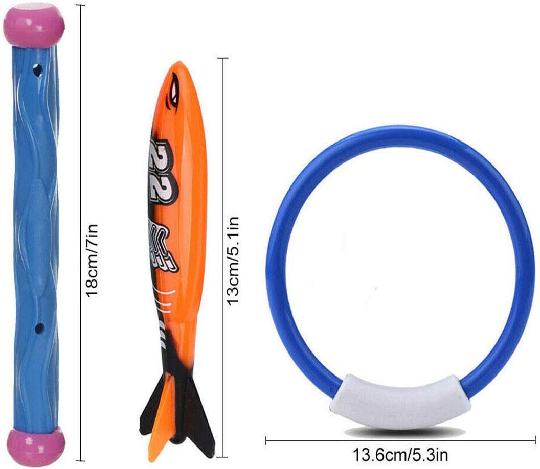 Detalle 1 de Xndryan Diving Pool Toys set for kids: sinkies, torpedo bandits, diving rings and sticks (backpack included)