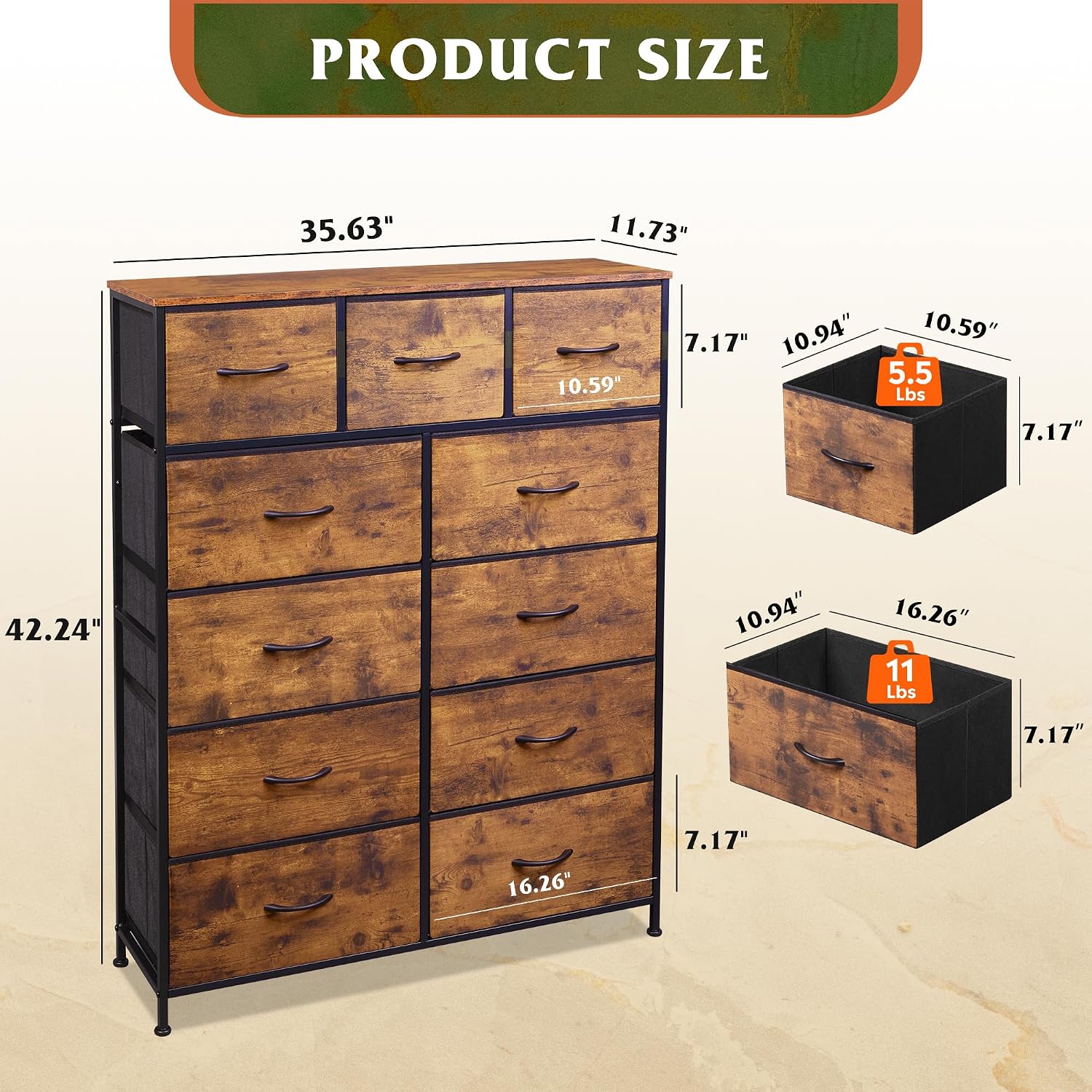 Detalle de WLIVE ASNG203 Tall Fabric Dresser, 11 Drawers, Rustic Brown