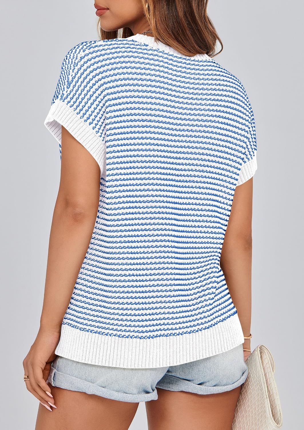Thumbnail 1 de PRETTYGARDEN Women's Short Sleeve Knit Sweater Vest Top with Stripe and Cap Sleeve