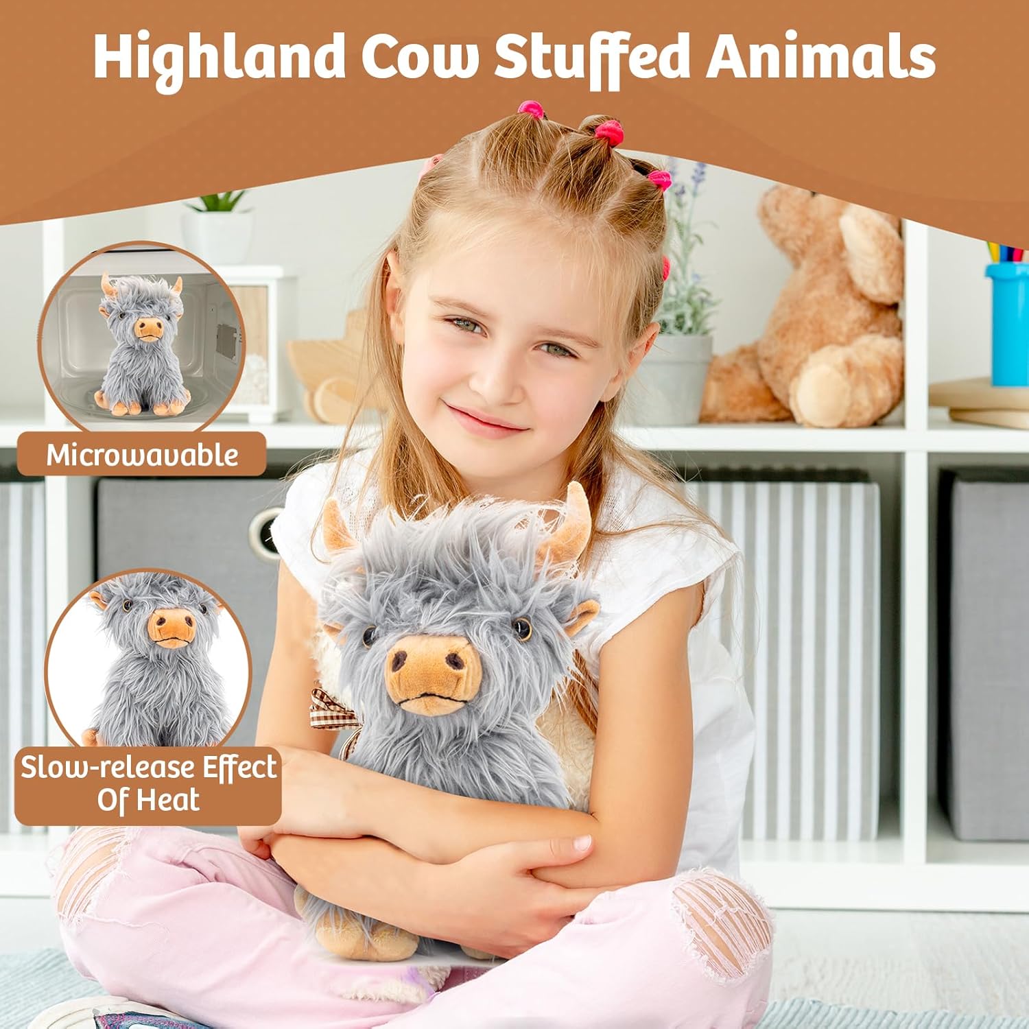 Thumbnail 1 de Marysun Highland Cow Stuffed Animal Toy (Gray) – microwavable, lavender-scented cuddly gift
