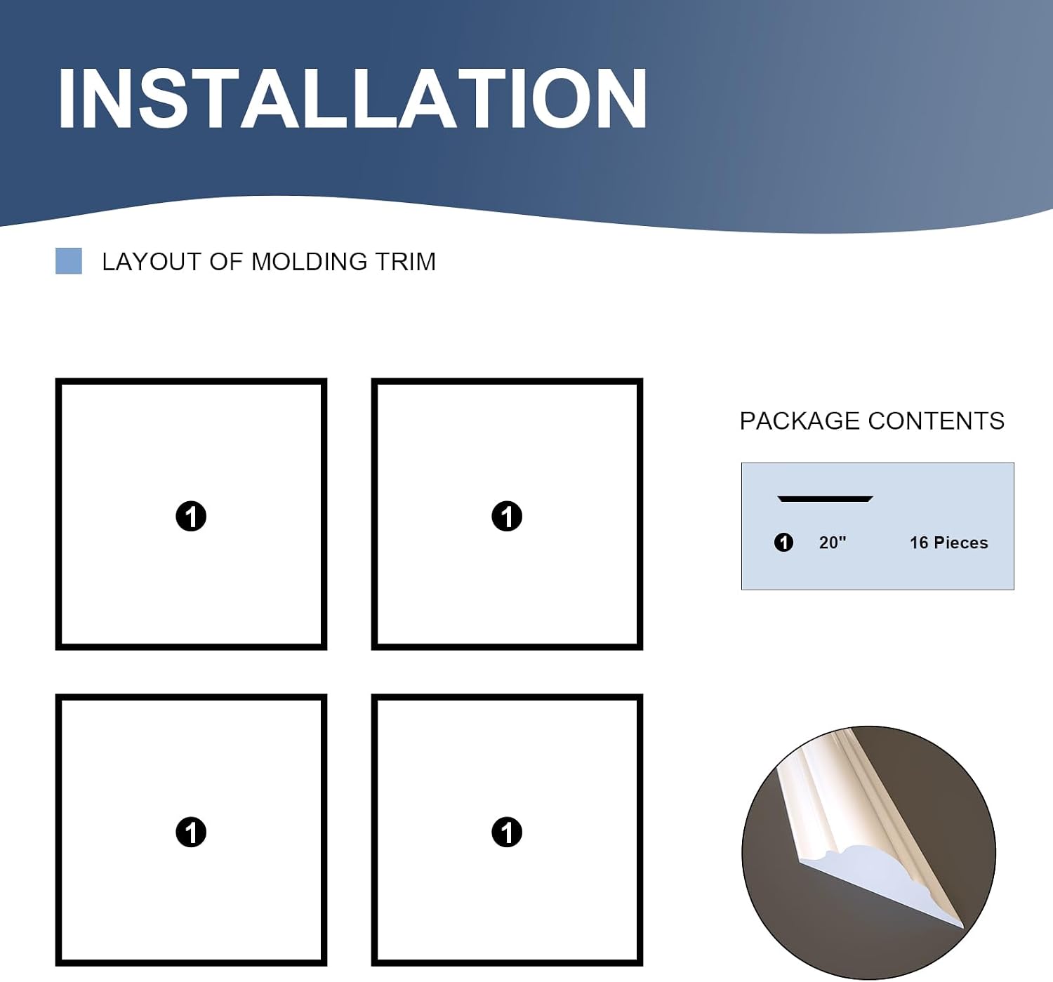 Detalle 2 de NeatiEase 4-Set Wall Moulding Kit, 20" x 20" White Self-Adhesive Panels