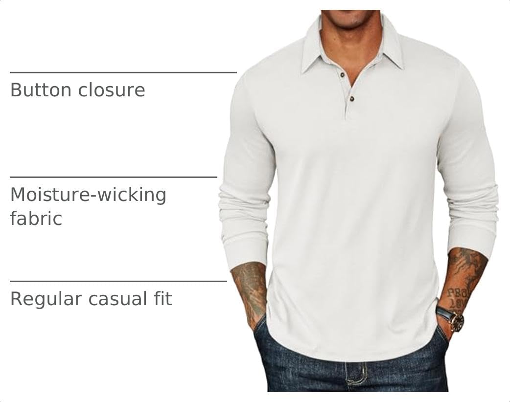 Detalle de COOFANDY Men's Long Sleeve Polo Shirt with Button Collar, Lightweight Feel