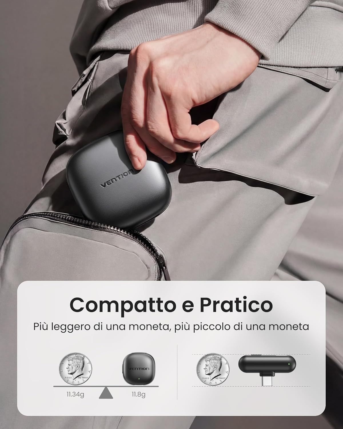 Thumbnail 2 de Vention mini microfono wireless per iPhone 17/16/15 Pro Max e Android (USB-C, Bluetooth, lavalier) con custodia di ricarica 24 ore