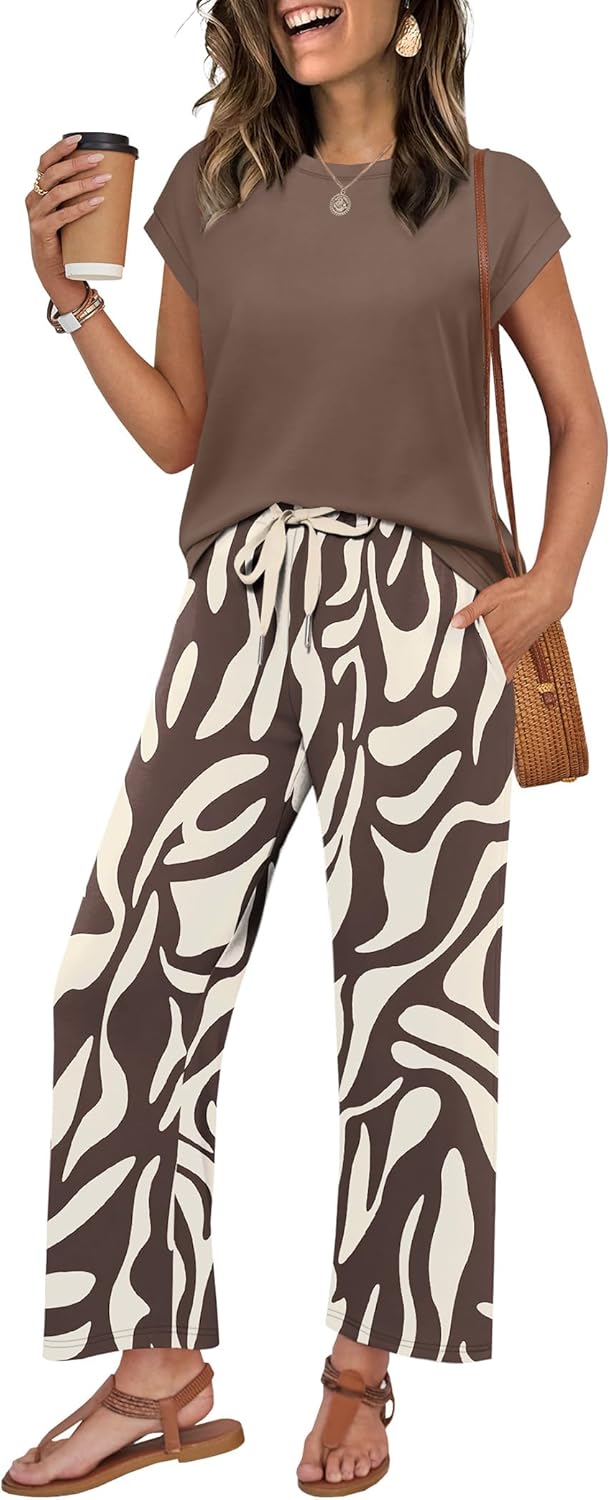 Thumbnail 1 de WIHOLL Women’s Two-Piece Lounge Set (Round Neck Cap Sleeve Top + Wide-Leg Pants)