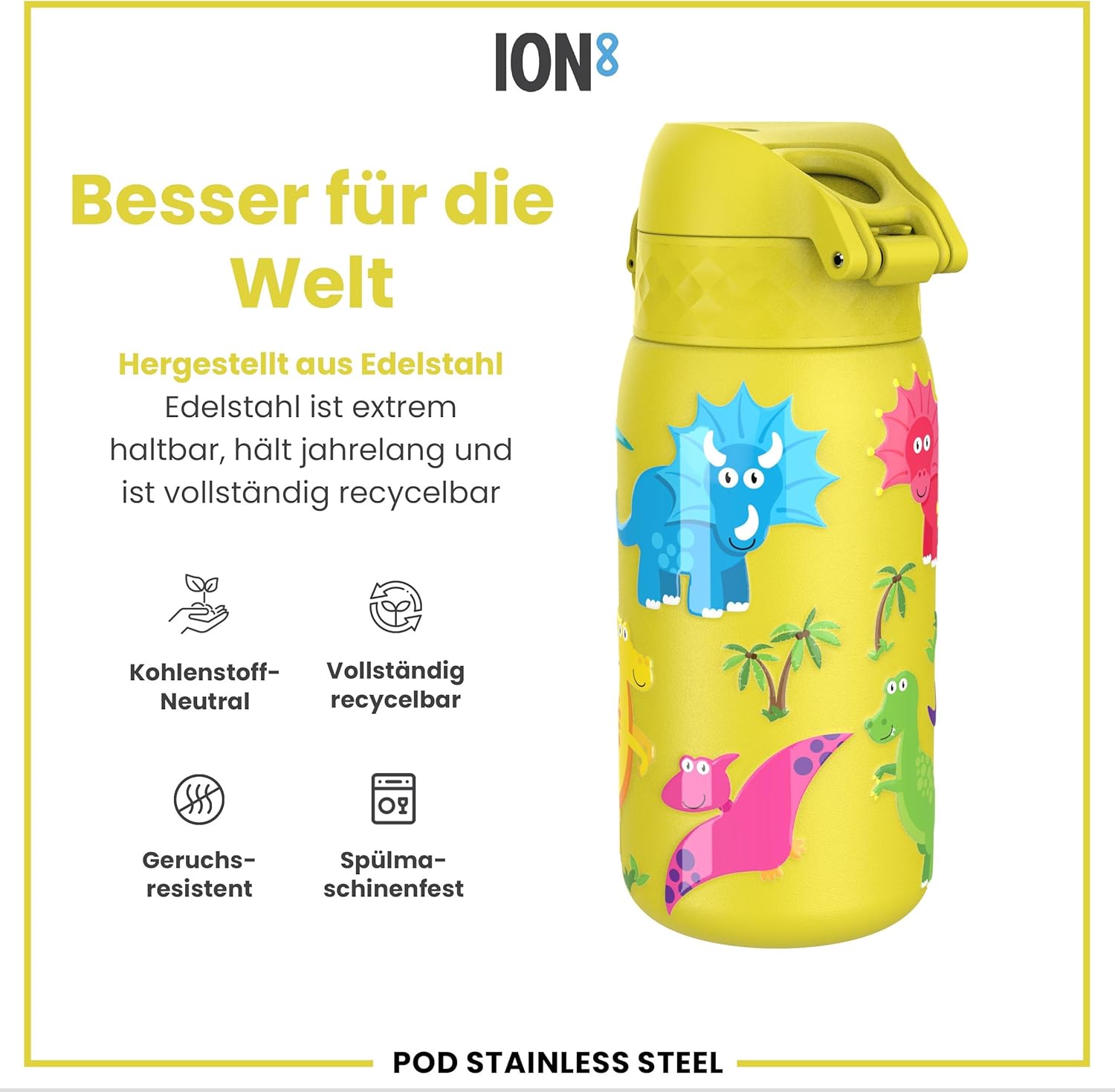 Thumbnail 4 de ion8 Kinder Trinkflasche Edelstahl Leicht 400ml – Auslaufsicher, Klappdeckel, Dinosaurier