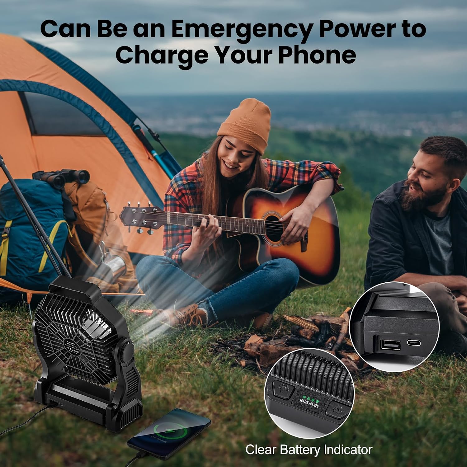 Detalle 2 de Odoland Portable Rechargeable Fan with LED Lantern (20000mAh) – 4 Speeds, 270° Oscillation