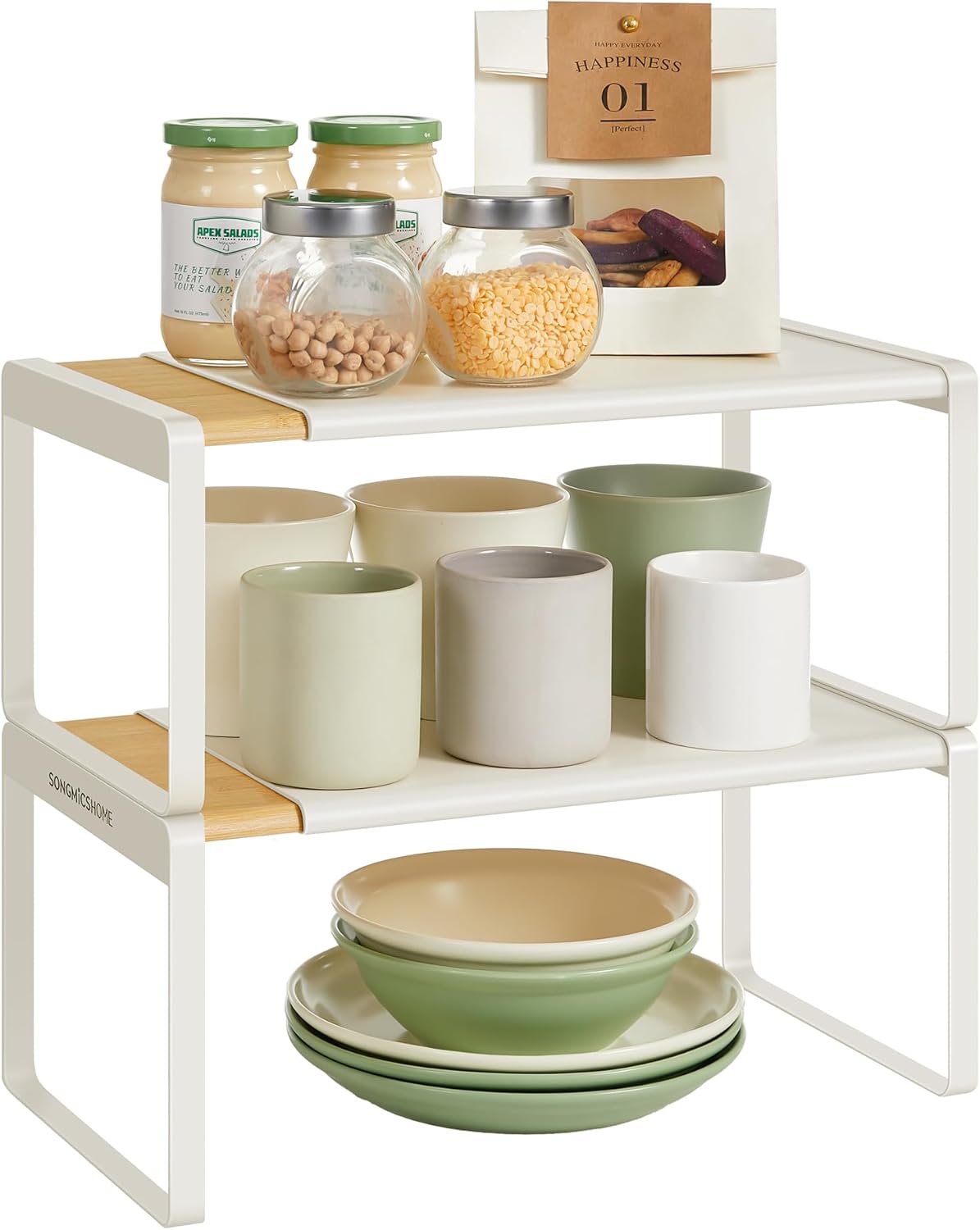 Detalle de SONGMICS HOME Spice Racks Set of 2: Extendable Bamboo & Steel Shelves for Kitchen and Beyond