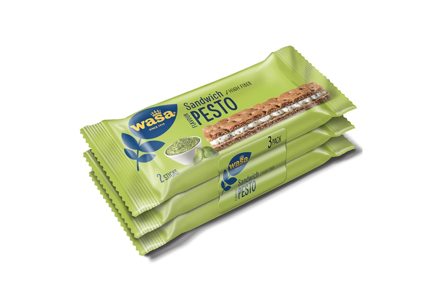 Detalle de Wasa Knäckebrot Sandwich Pesto – 3x37g (111g) Packung mit Käse und Basilikum-Pesto