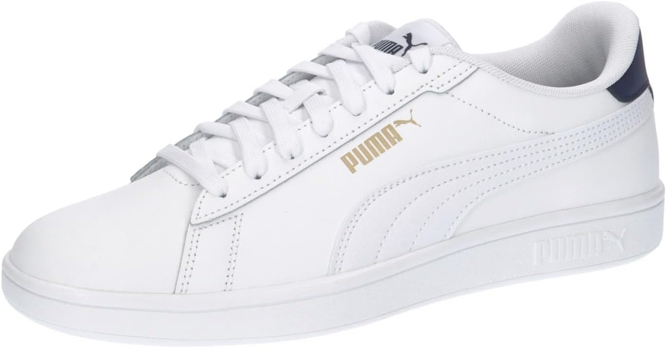 Detalle de PUMA Smash 3.0 Unisex — Baskets élégantes en cuir, blanc/bleu/or (TAILLE 43 EU)