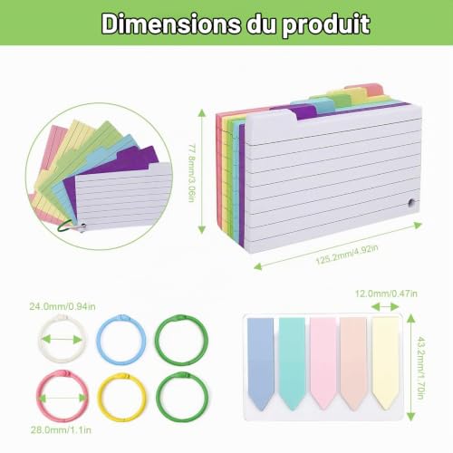 Detalle 2 de Carte Vierge, 300 Pièces Flashcard SPRHR avec 6 Anneaux – Fiche de Revision 6 Couleurs (130 x 70 mm)