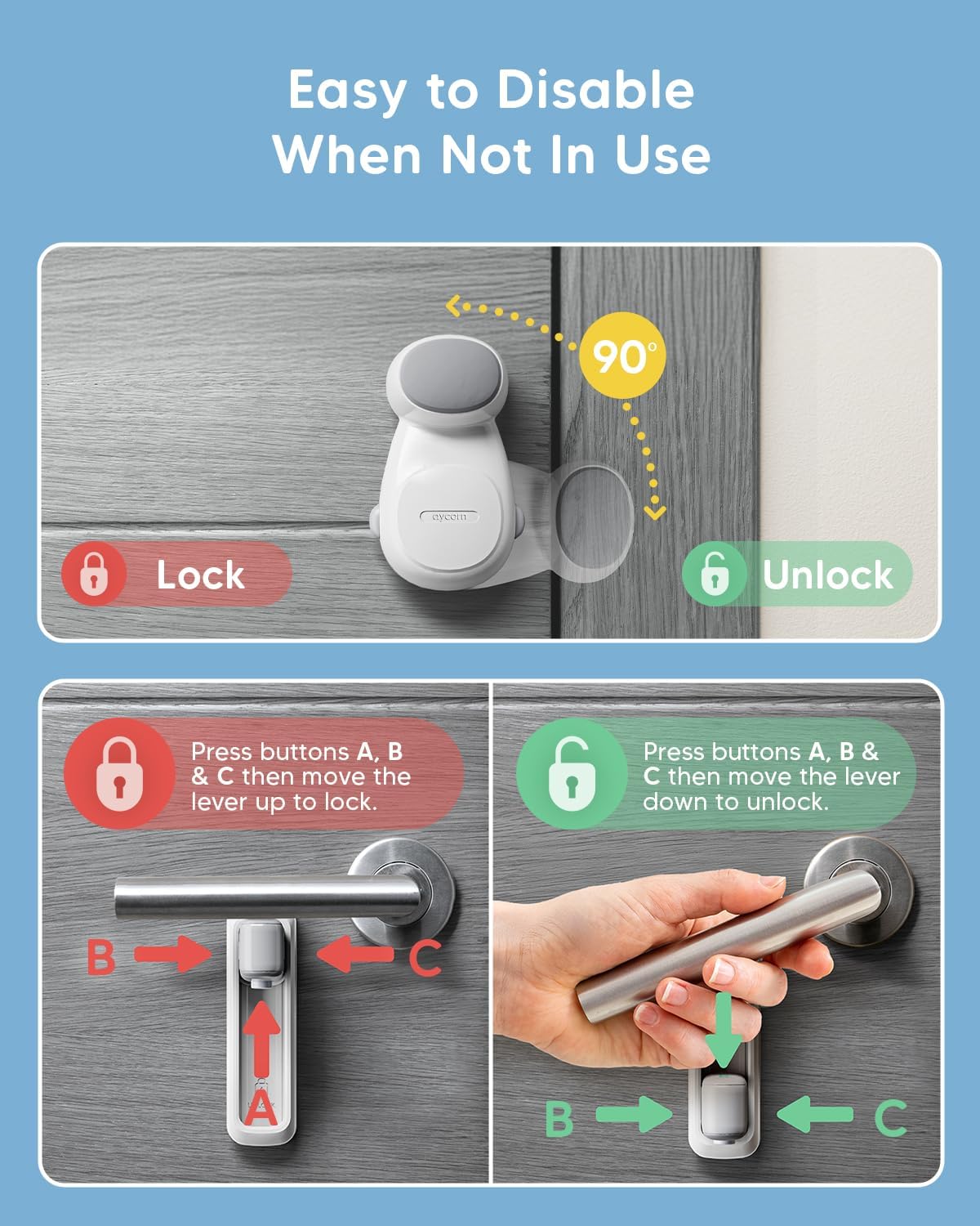 Thumbnail 6 de AYCORN Door Lock Without Drilling Set – 2x Door Lever Locks & 2x Door Stoppers