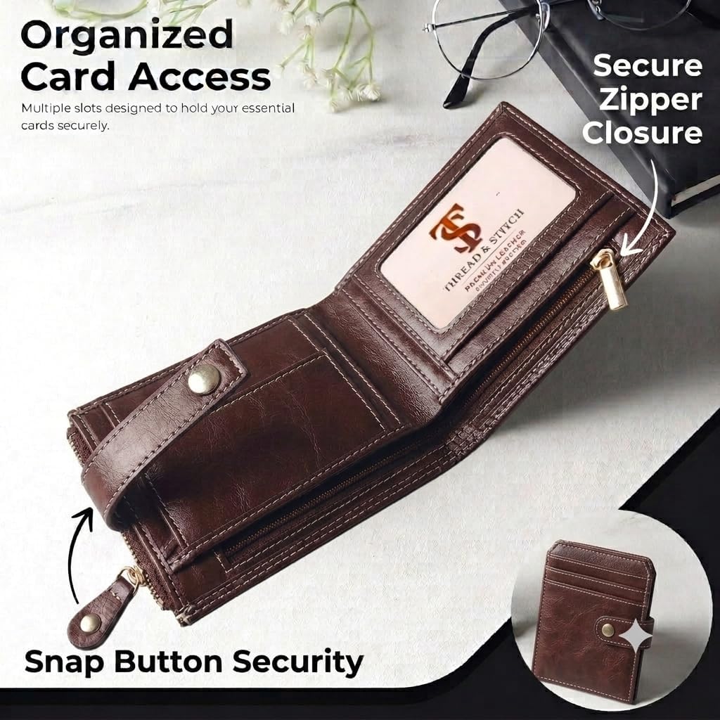 Detalle de Thread & Stitch Genuine Leather Wallet for Men – Bifold, RFID Blocking, 10 Card Slots