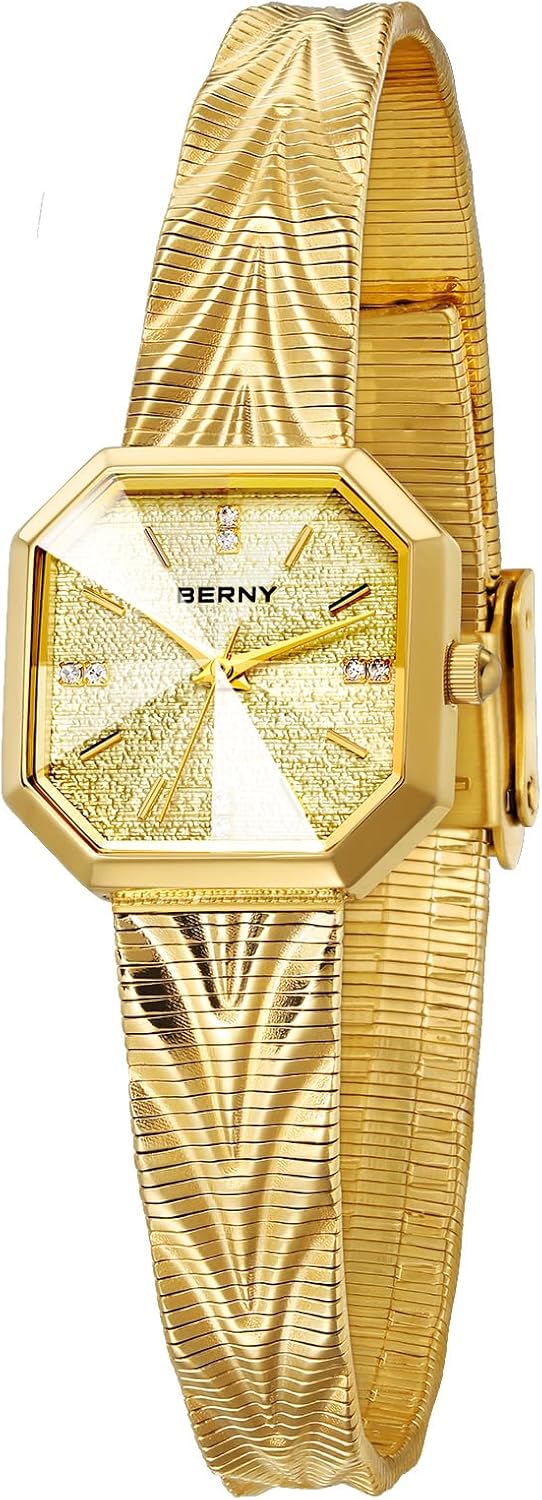 BERNY Gold Uhr für Damen – quadratisches Zifferblatt, Quarz, Wasserdicht 3 ATM