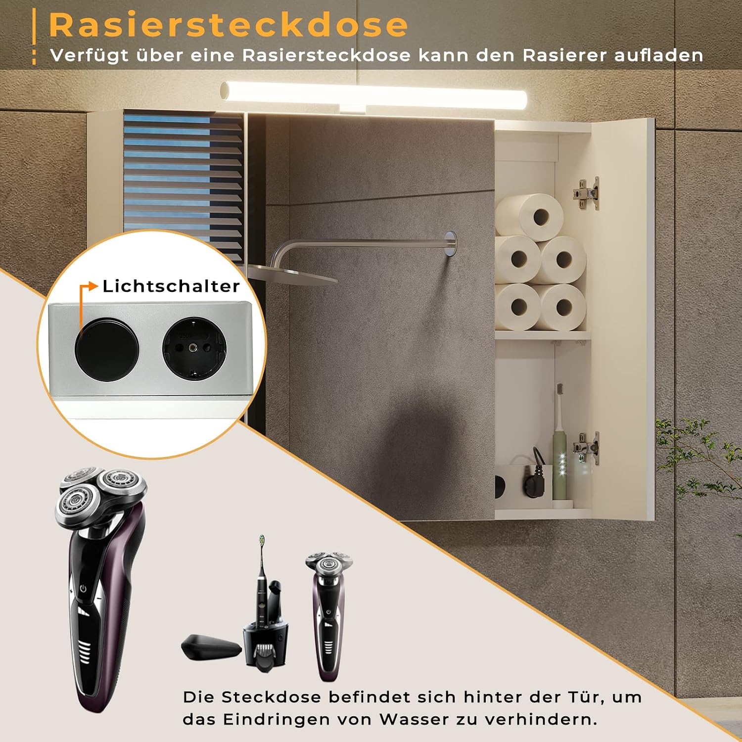Detalle 2 de DICTAC Armadietto Specchio da Bagno con Luce LED e Presa Elettrica, 80x16x60 cm, Bianco