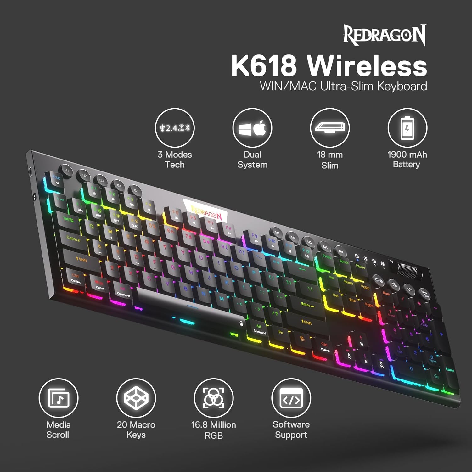 Detalle de Redragon K618 Horus Wireless RGB Low Profile Mechanical Keyboard (Tri-Mode: Bluetooth/2.4Ghz/Wired) with Linear Red Switch