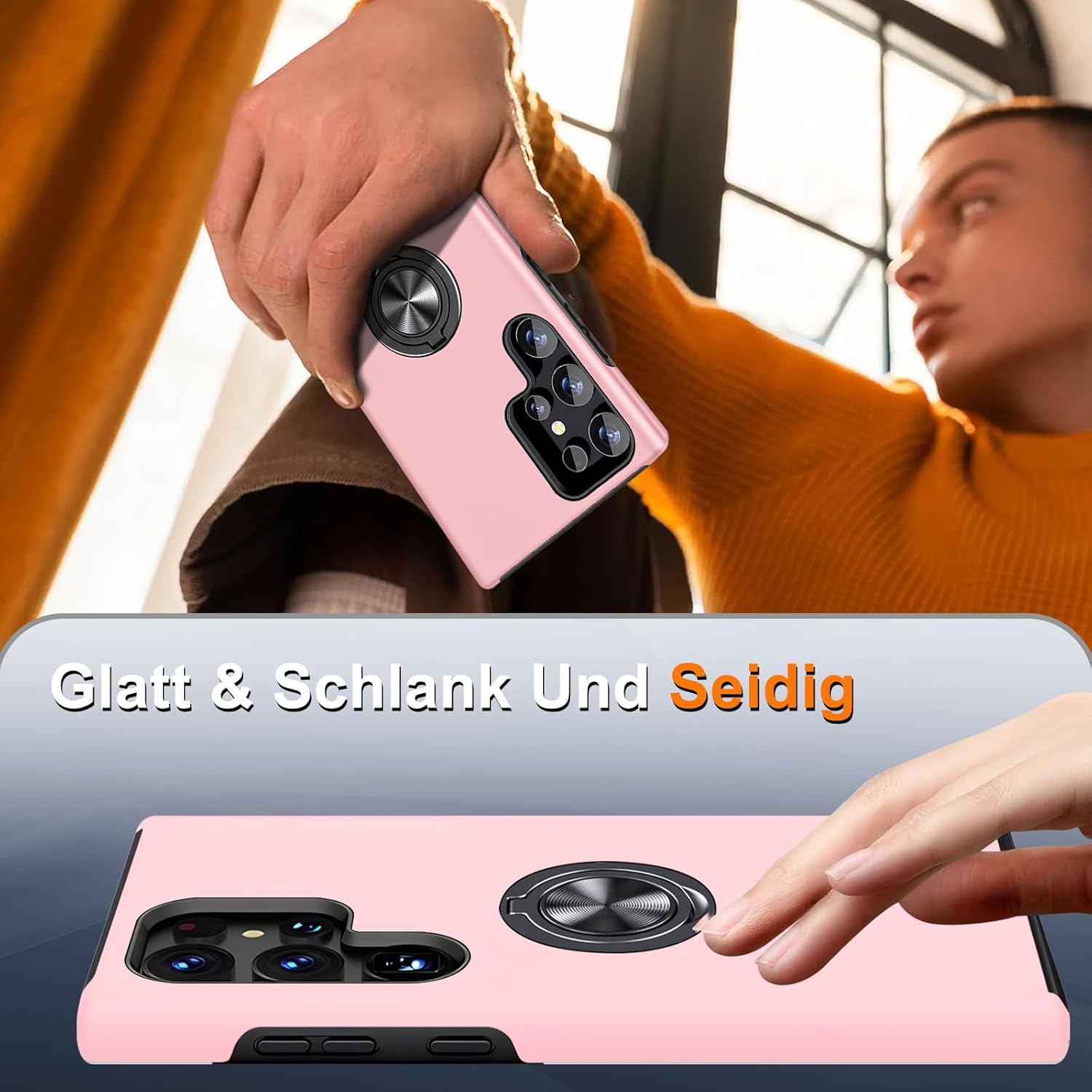 Thumbnail 6 de Vaki Handyhülle für Samsung Galaxy S25 Ultra – Ringständer, Kratzschutz und Displayfolien in Rosa