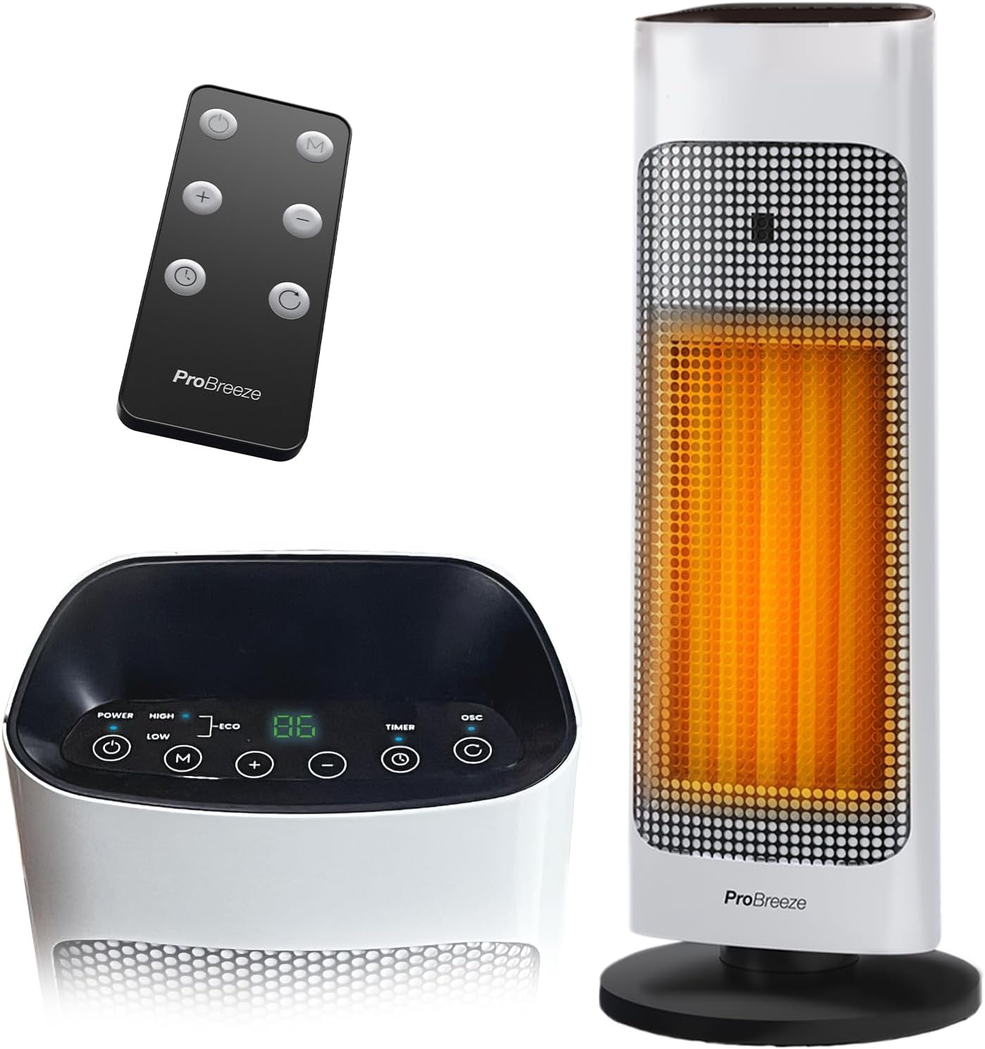 Detalle de Pro Breeze keramische torenverwarming 2000 W met display, afstandsbediening en timer