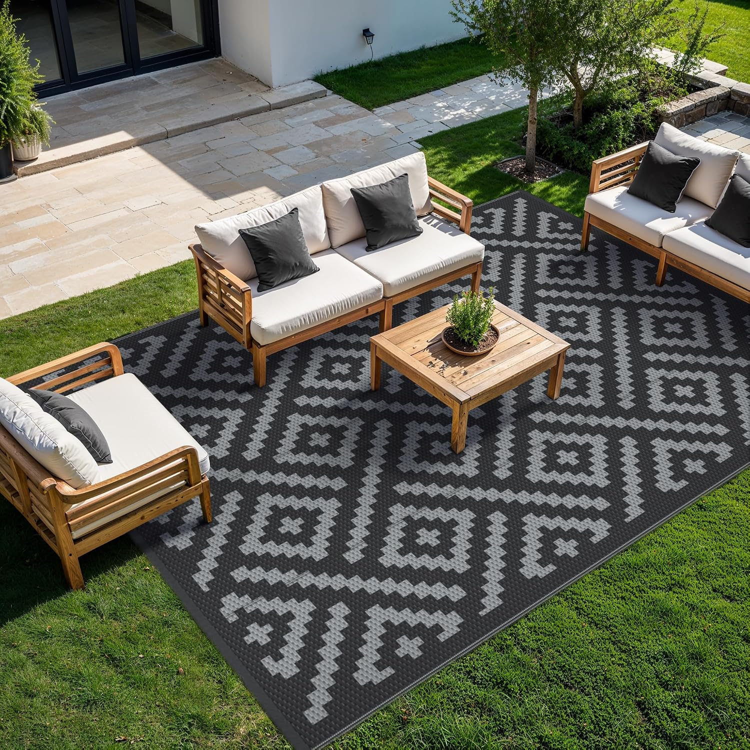 Thumbnail 3 de GENIMO Plastic Straw Rug Outdoor Area Rug, 9' x 12', Reversible Black and Gray