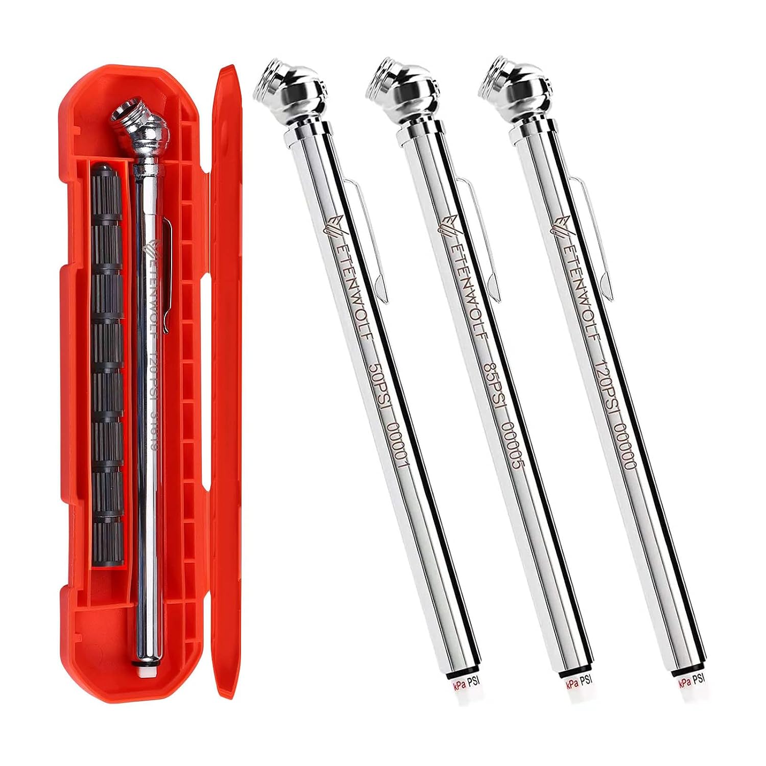 Detalle de ETENWOLF G100 Pencil Tire Pressure Gauge 3-Pack, Three Ranges, Steel Body