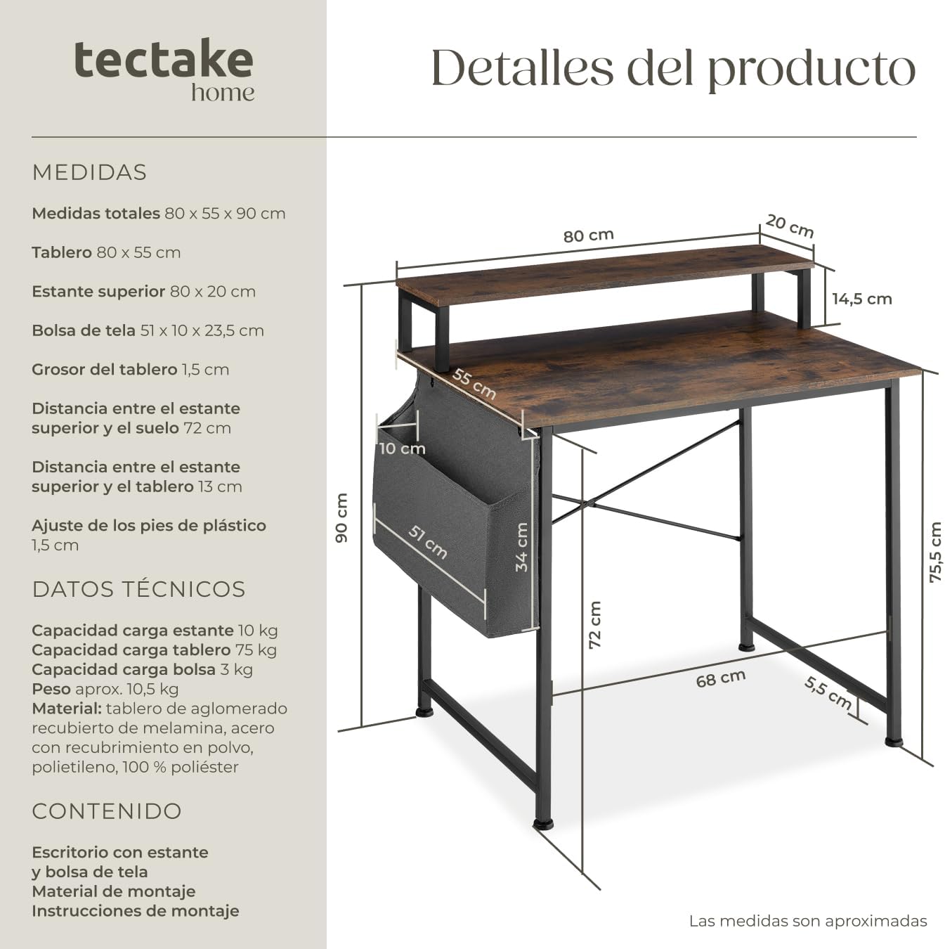 Thumbnail 1 de tectake Mesa Escritorio Industrial 80x55x90 cm