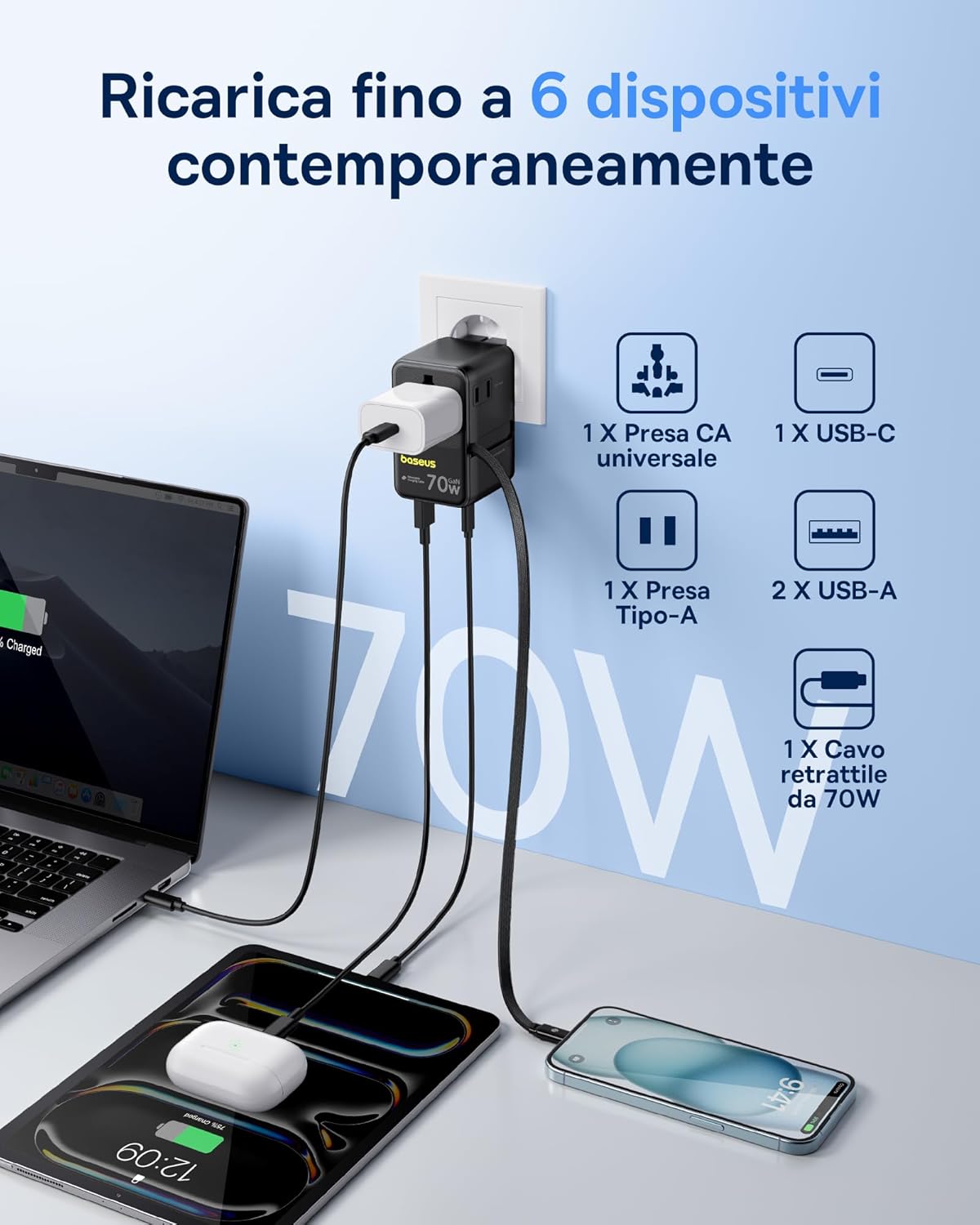 Thumbnail 4 de Baseus Enercore Adattatore Viaggio Universale 70W