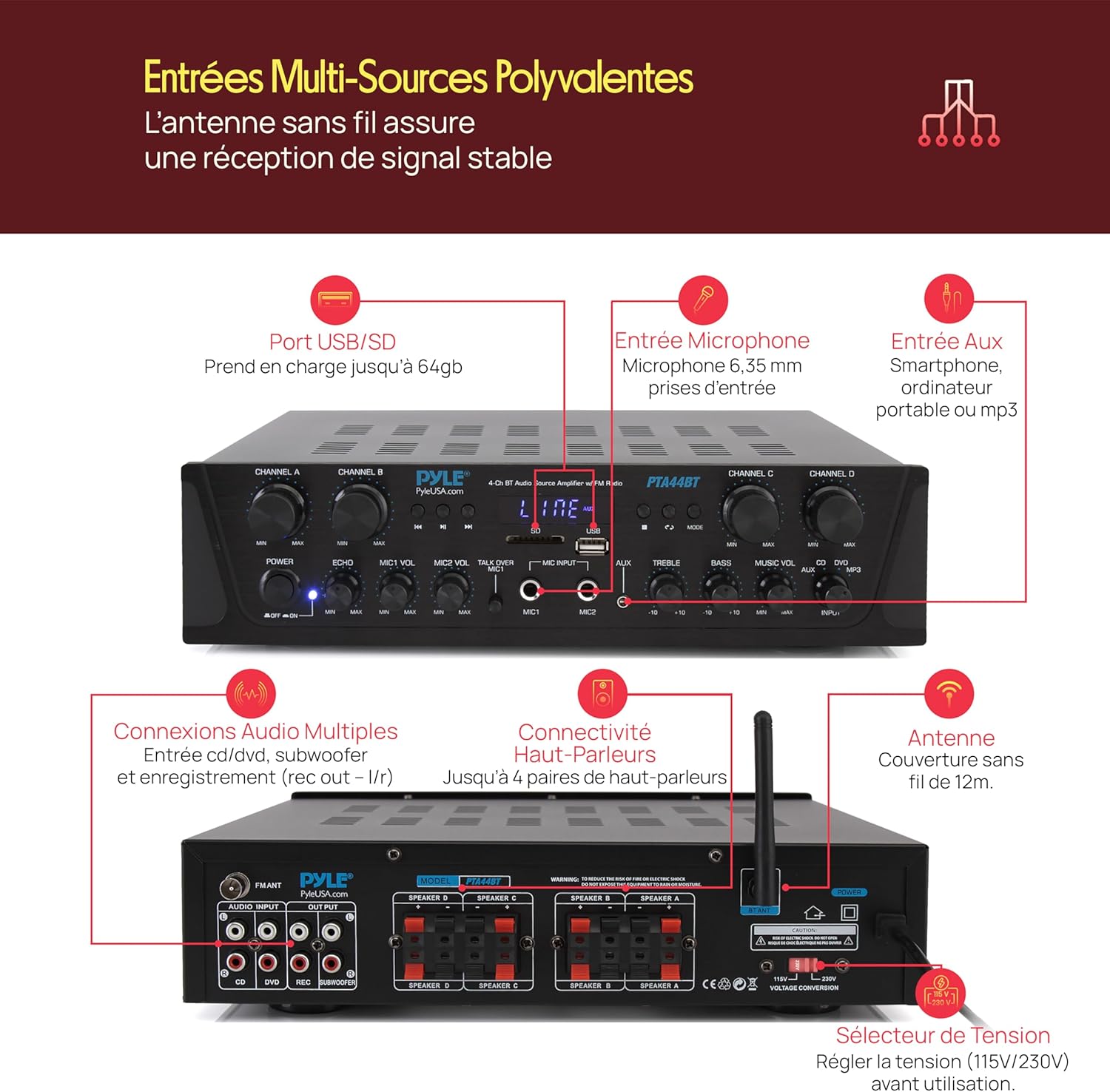 Thumbnail 2 de Pyle Ampli Bluetooth Karaoké 500W 🎤